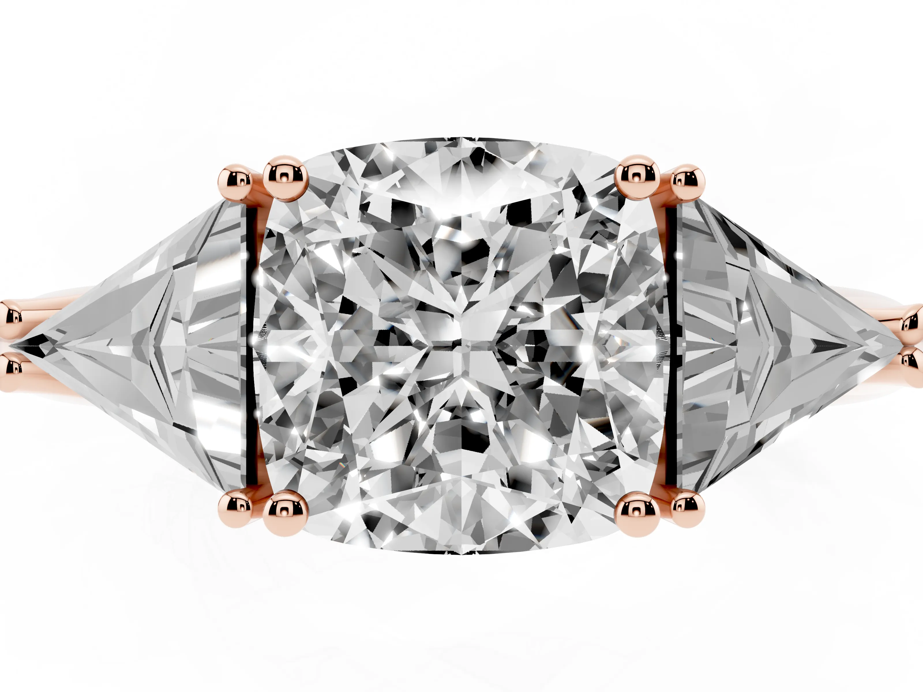 Cushion Cut Diamond Three-Stone Engagement Ring Set in Rose gold with Trillion Side Stones