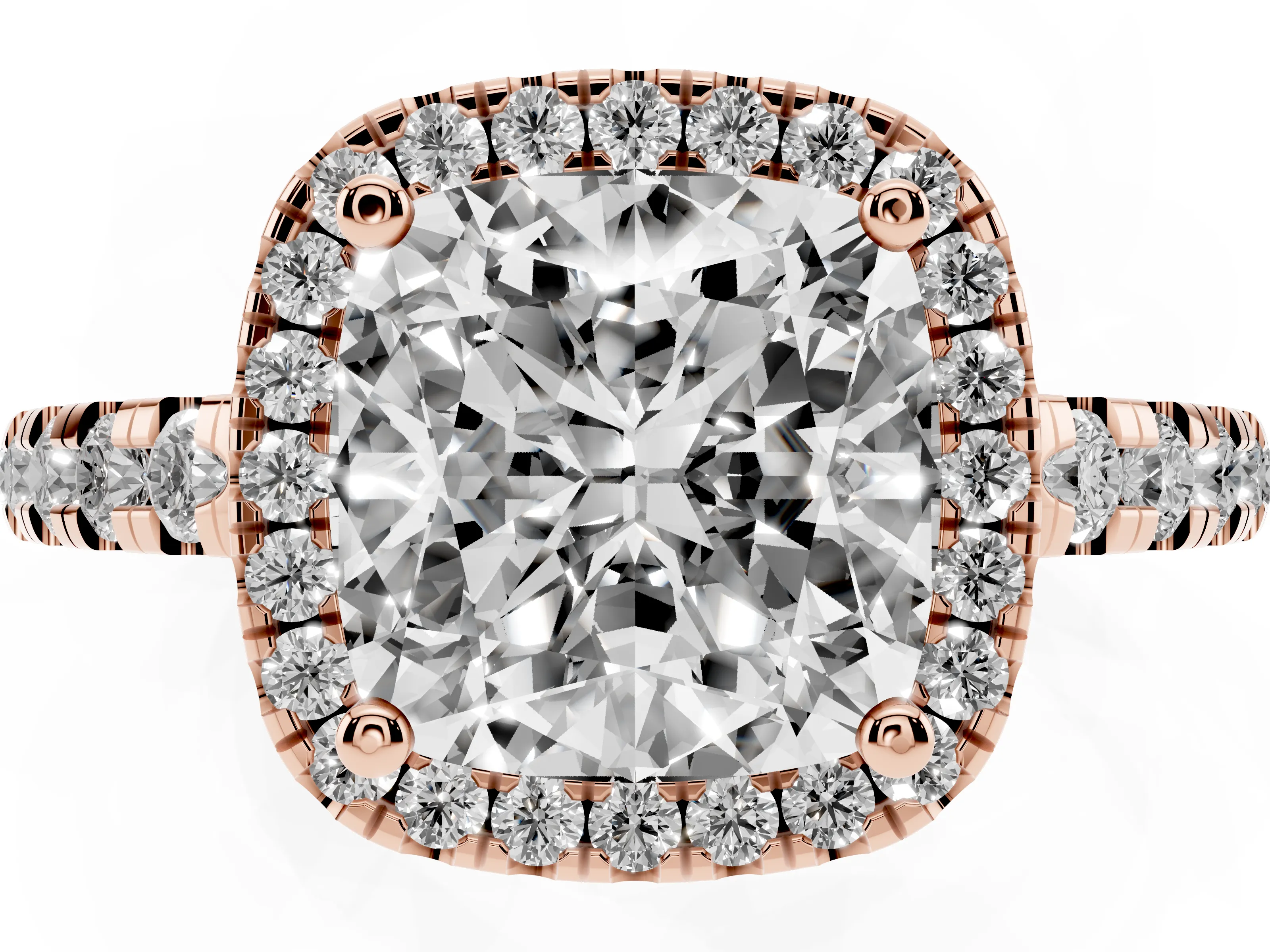 Cushion Cut Diamond Halo Ring Set in Rose gold with Delicate Pavé Band and Prong Setting