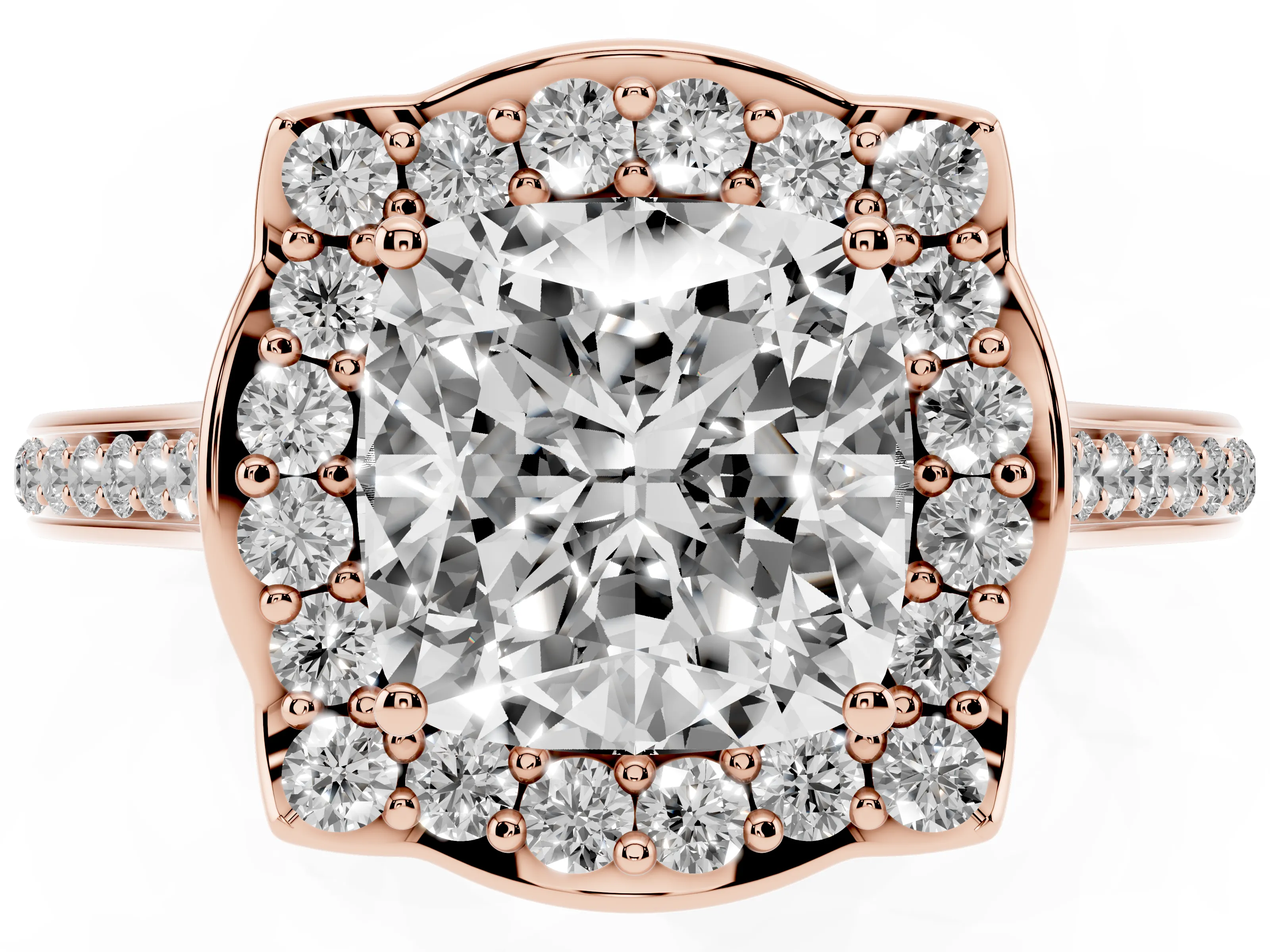 Cushion Cut Diamond Halo Ring Set in Rose gold with Pavé-Lined Shoulders and Prong Setting