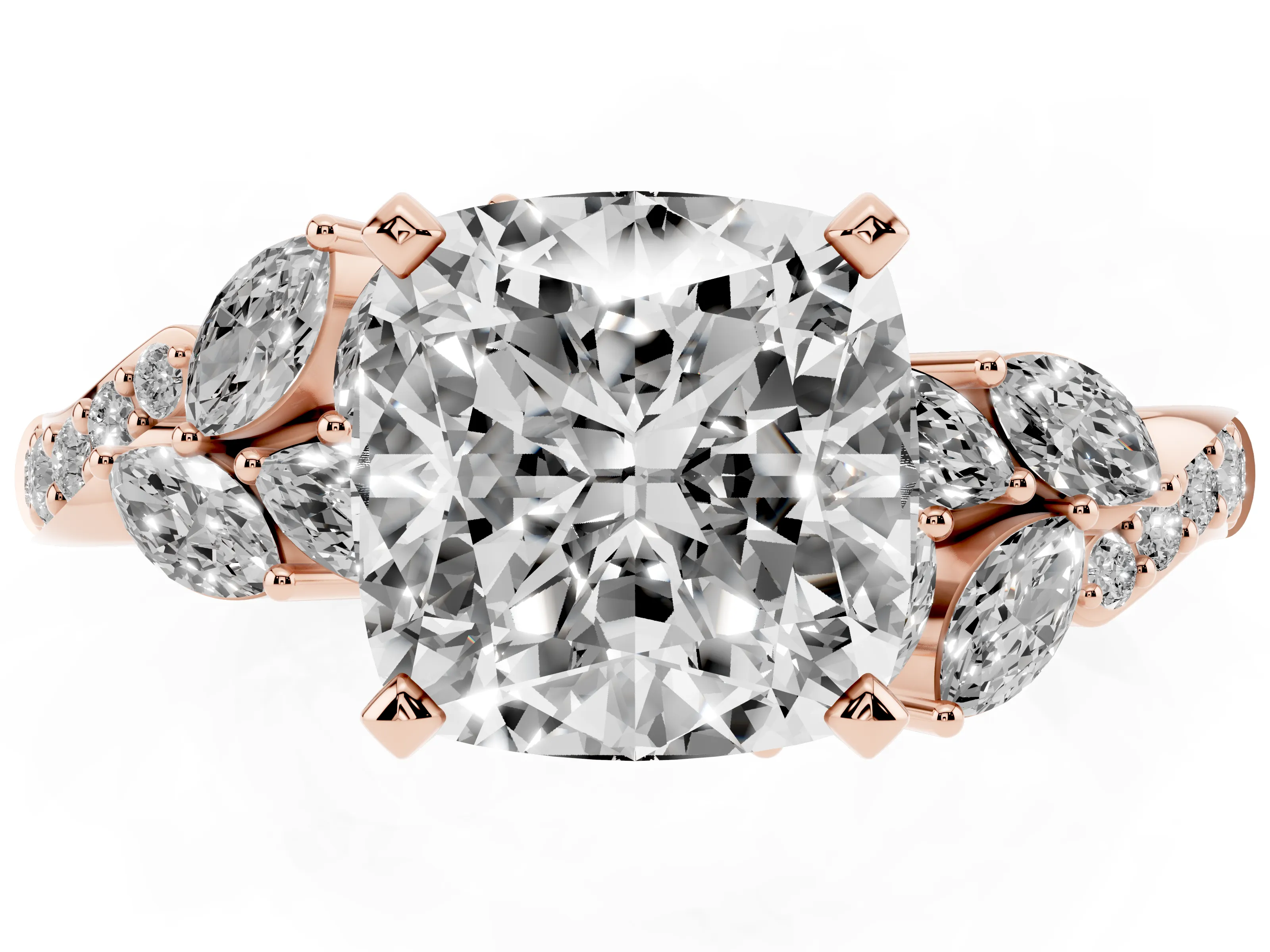 Cushion Cut Diamond Solitaire Ring Set in Rose gold with Marquise Twist Band and Prong Setting