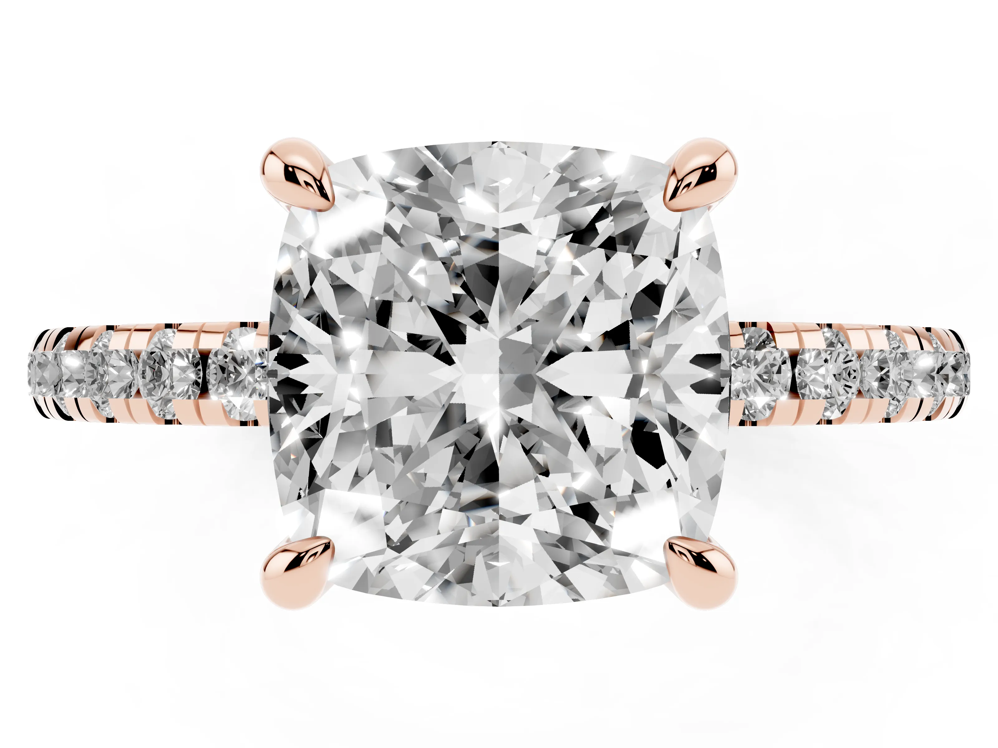 Cushion Cut Diamond Brilliant Solitaire Ring Set in Rose gold with Pavé Band and Prong Setting
