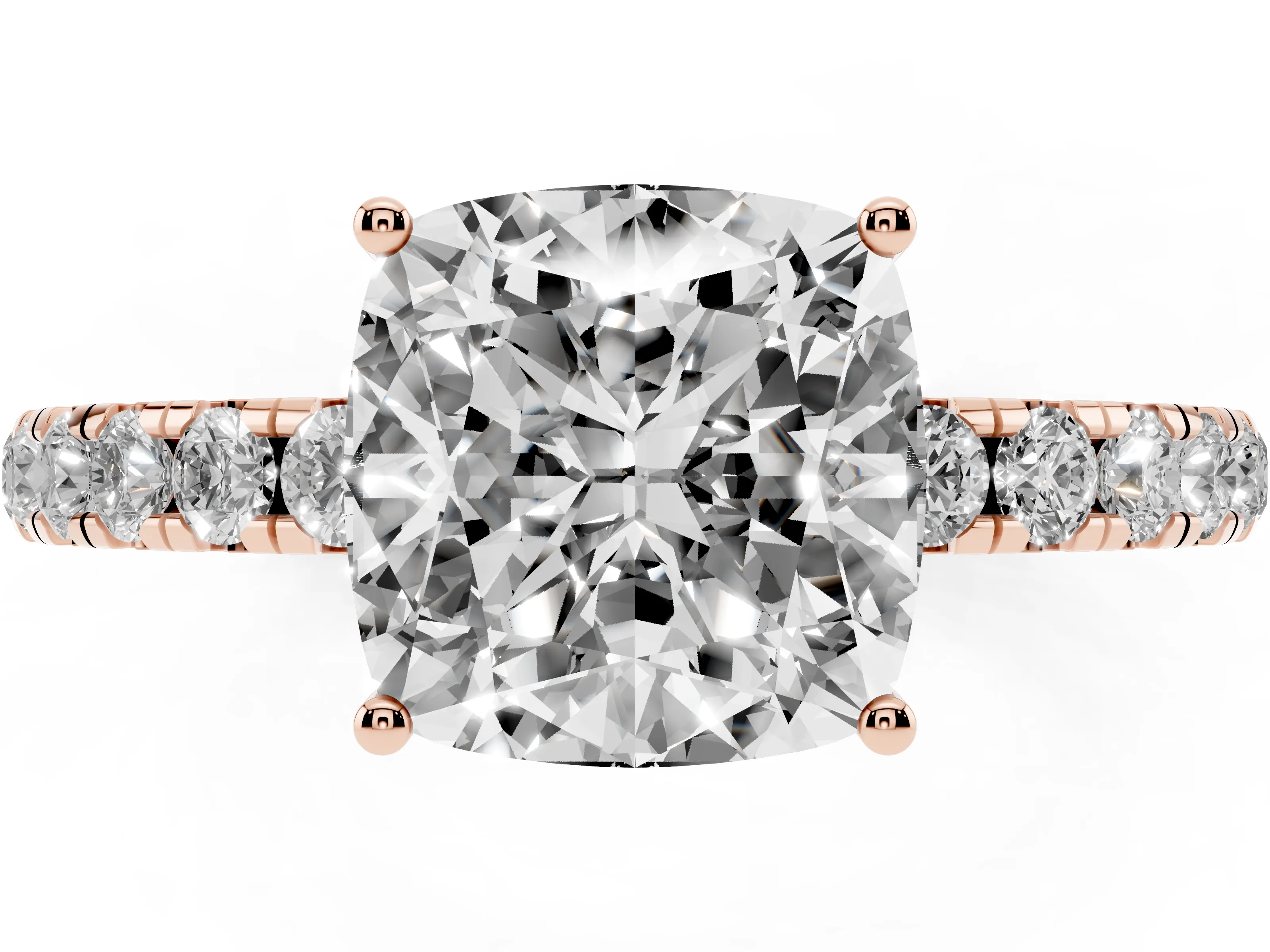 Cushion Cut Diamond Pavé Solitaire Engagement Ring Set in Rose gold with Prong Setting