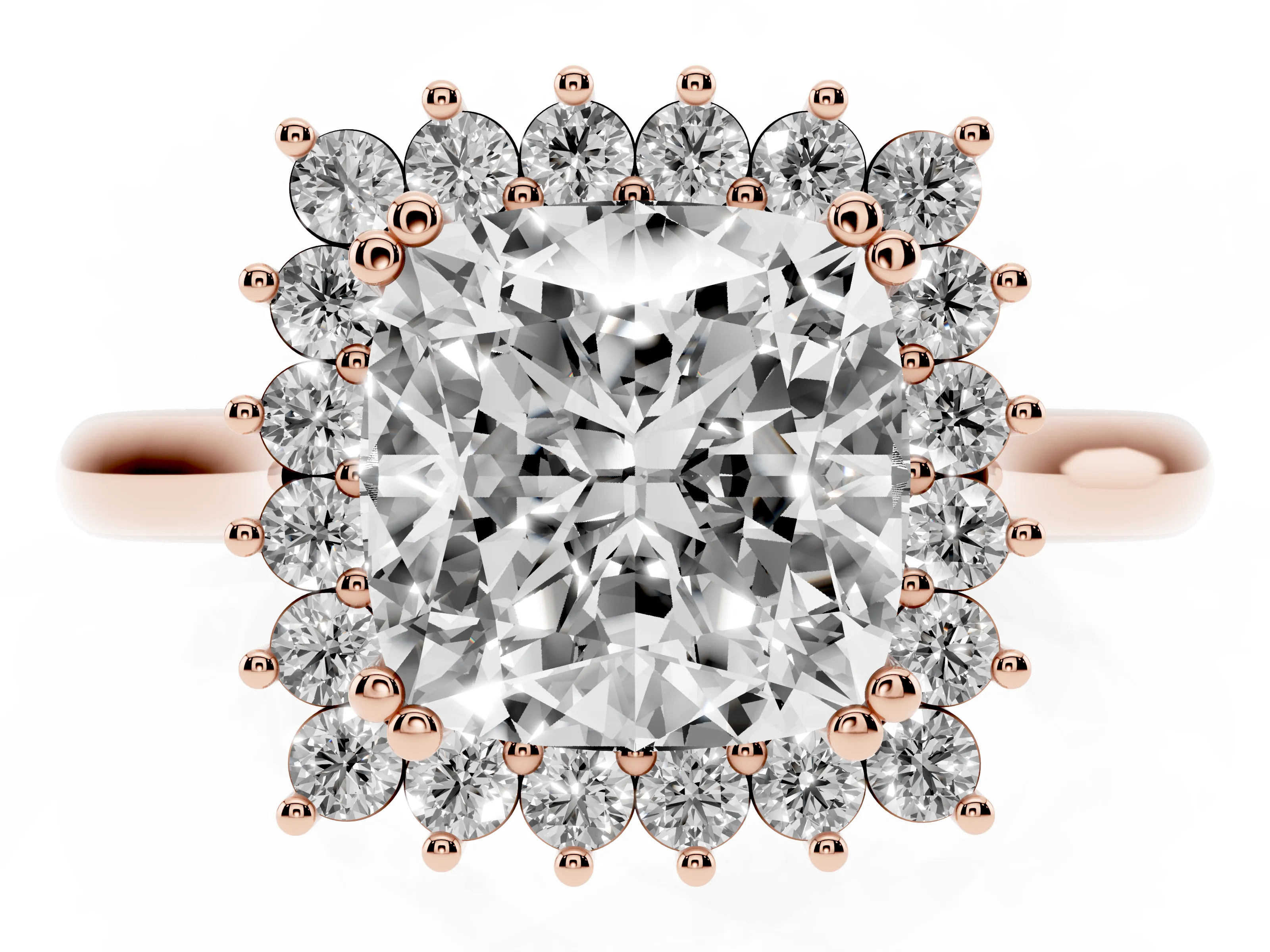 Cushion Cut Diamond Halo Ring Set in Rose gold with Plain Solitaire Band and Prong Setting