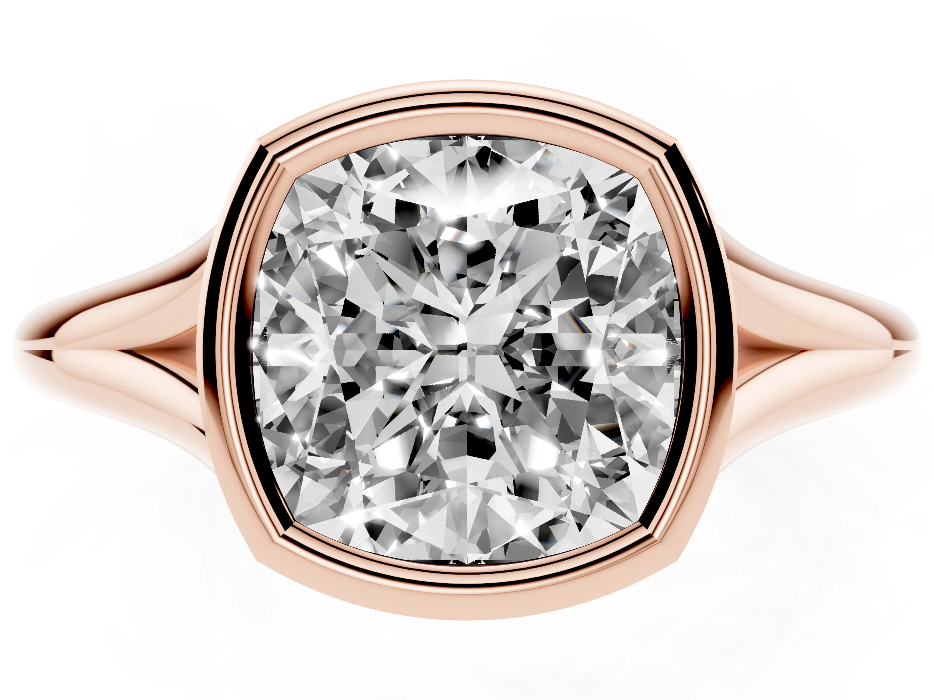 Bezel Set Cushion Cut Diamond Solitaire Ring Set in Rose gold with Tapered Band