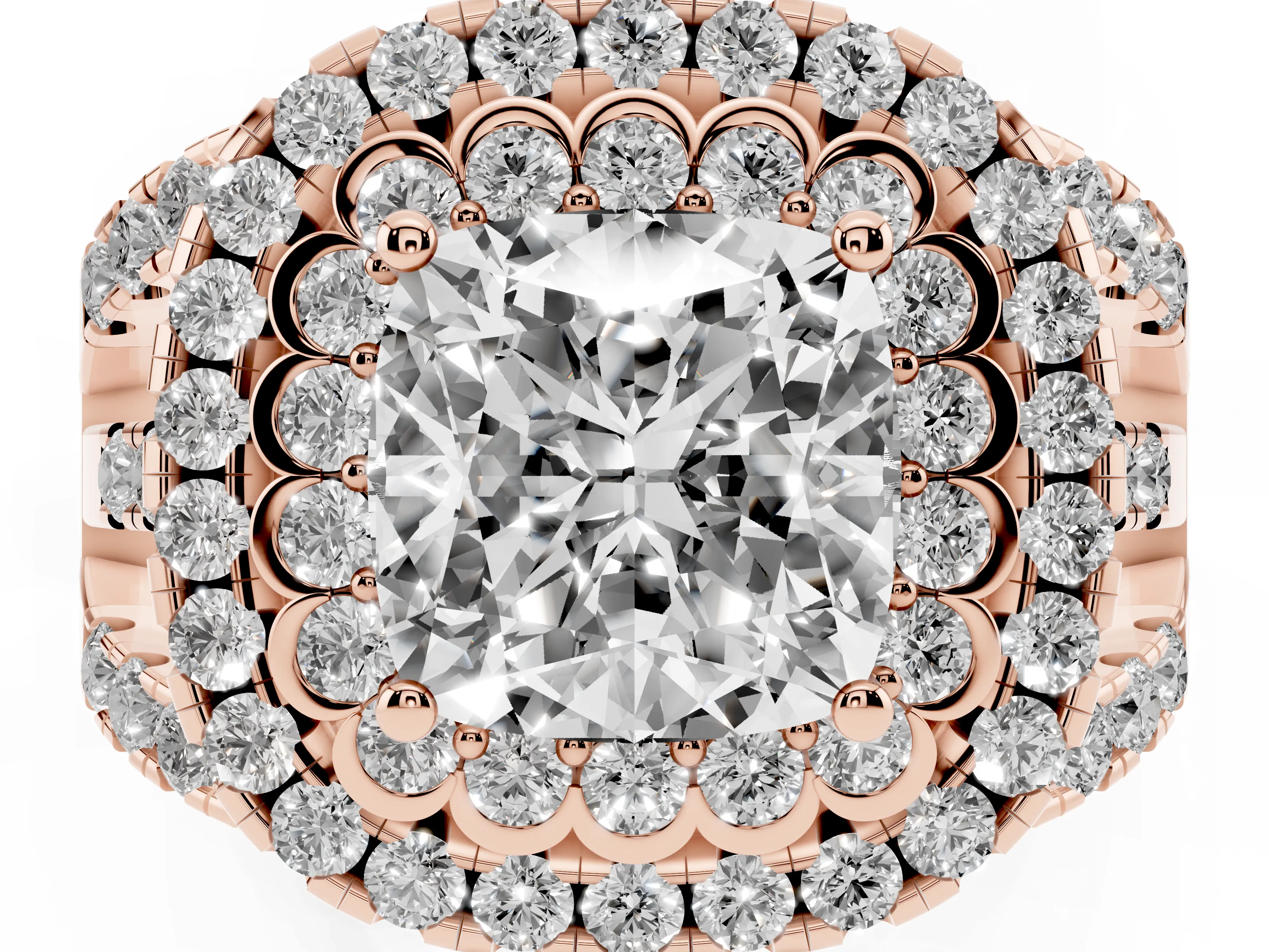 Cushion Cut Diamond Double Halo Ring Set in Rose gold with Round Pavé Split Shank