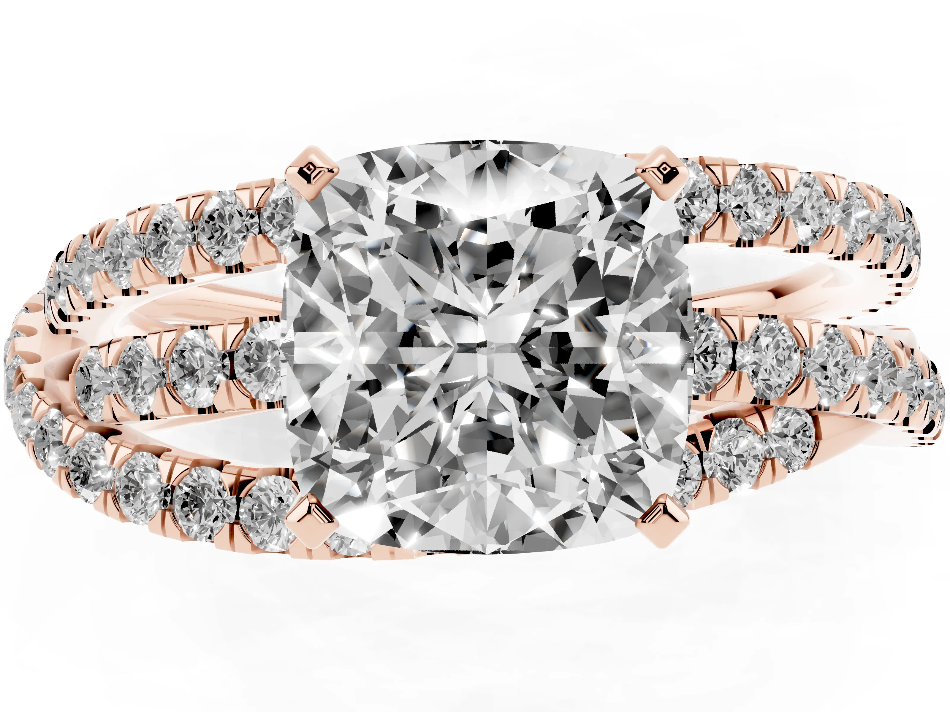 Cushion Cut Diamond Solitaire Twist Band Ring Set in Rose gold with Pavé Setting and Prong Head