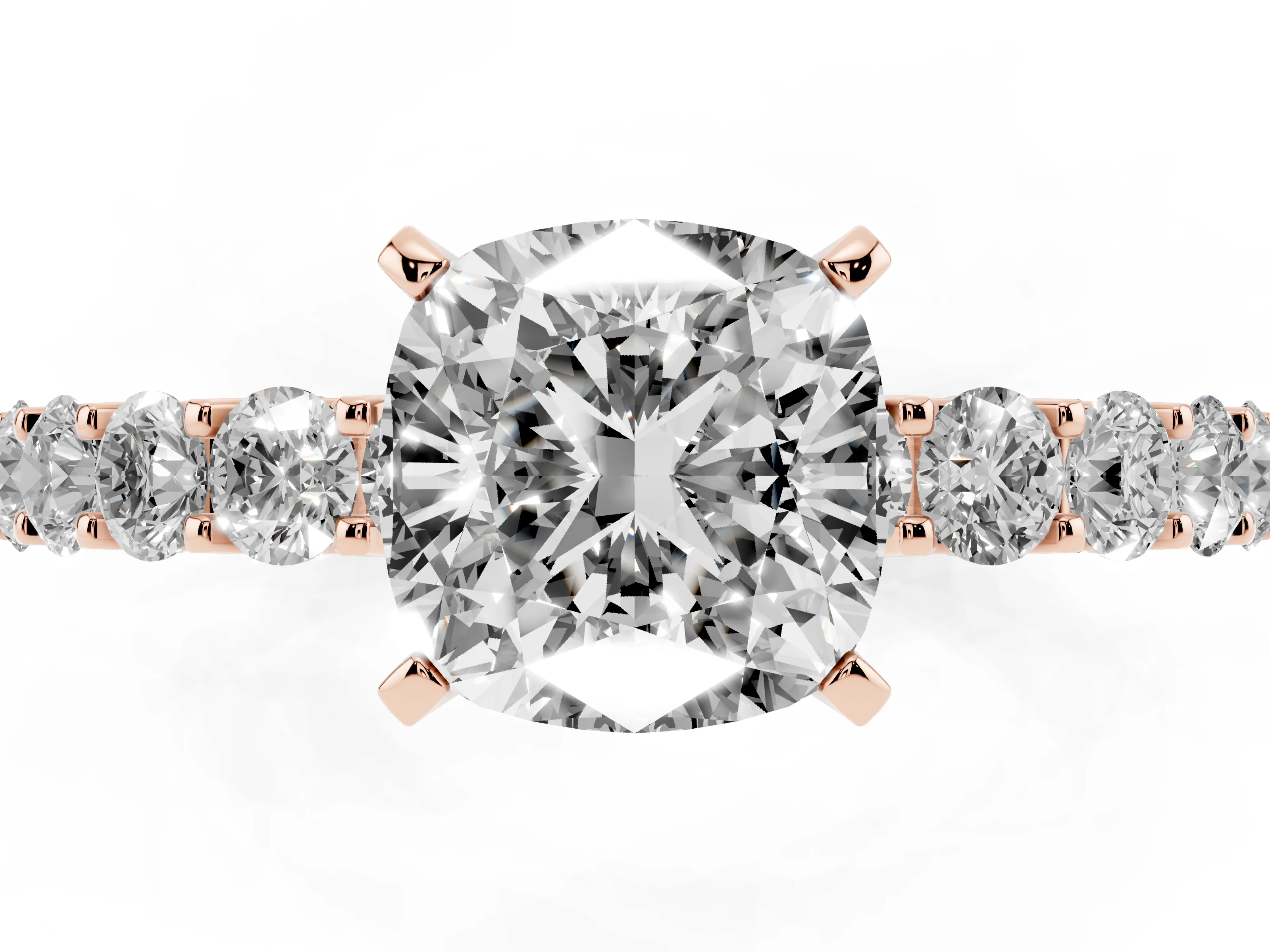 Cushion Cut Diamond Solitaire Ring Set in Rose gold with Shared Prong Pavé Band