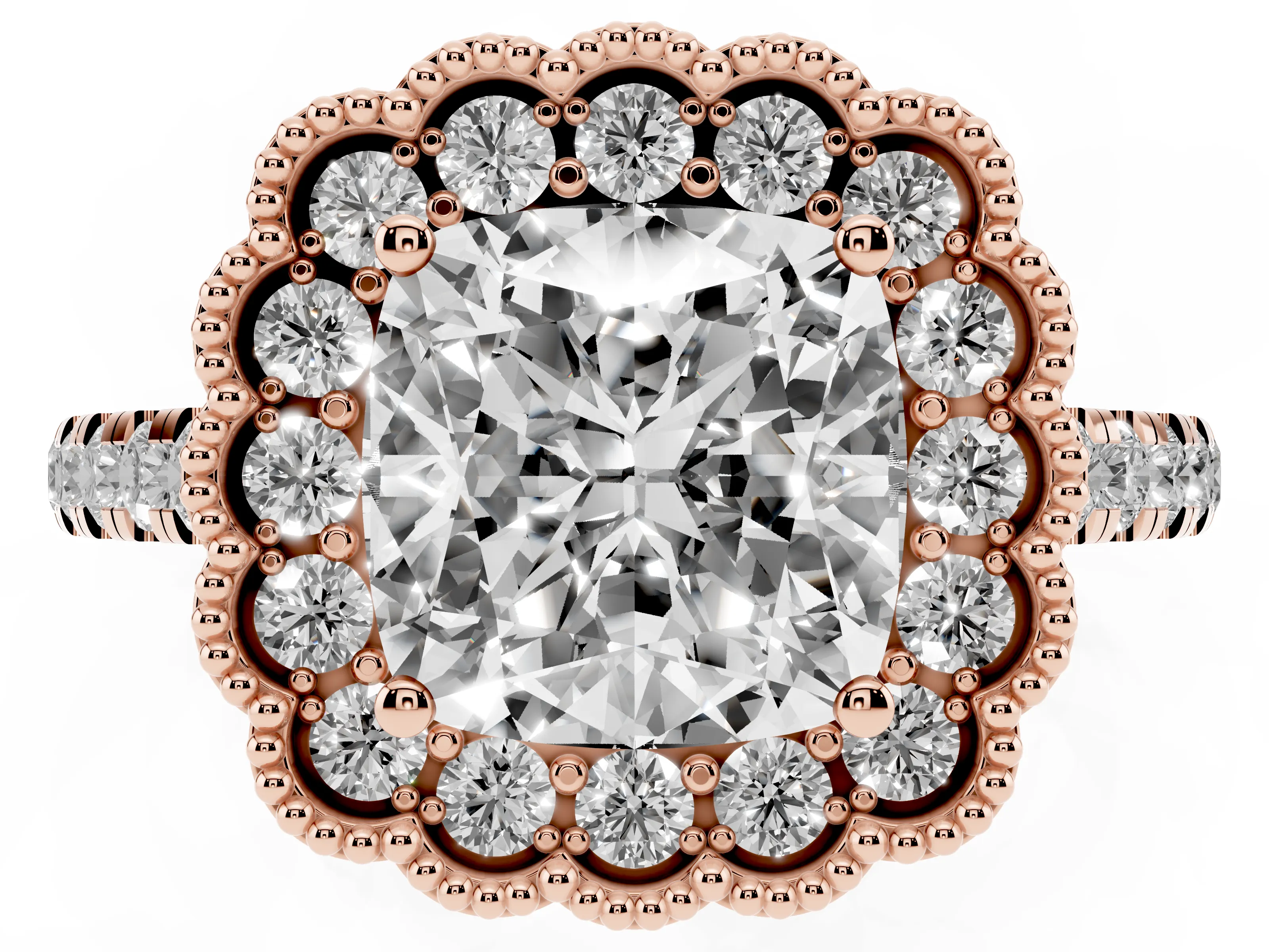 Cushion Cut Diamond Milgrain Floral Halo Engagement Ring Set in Rose gold with Pavé Band