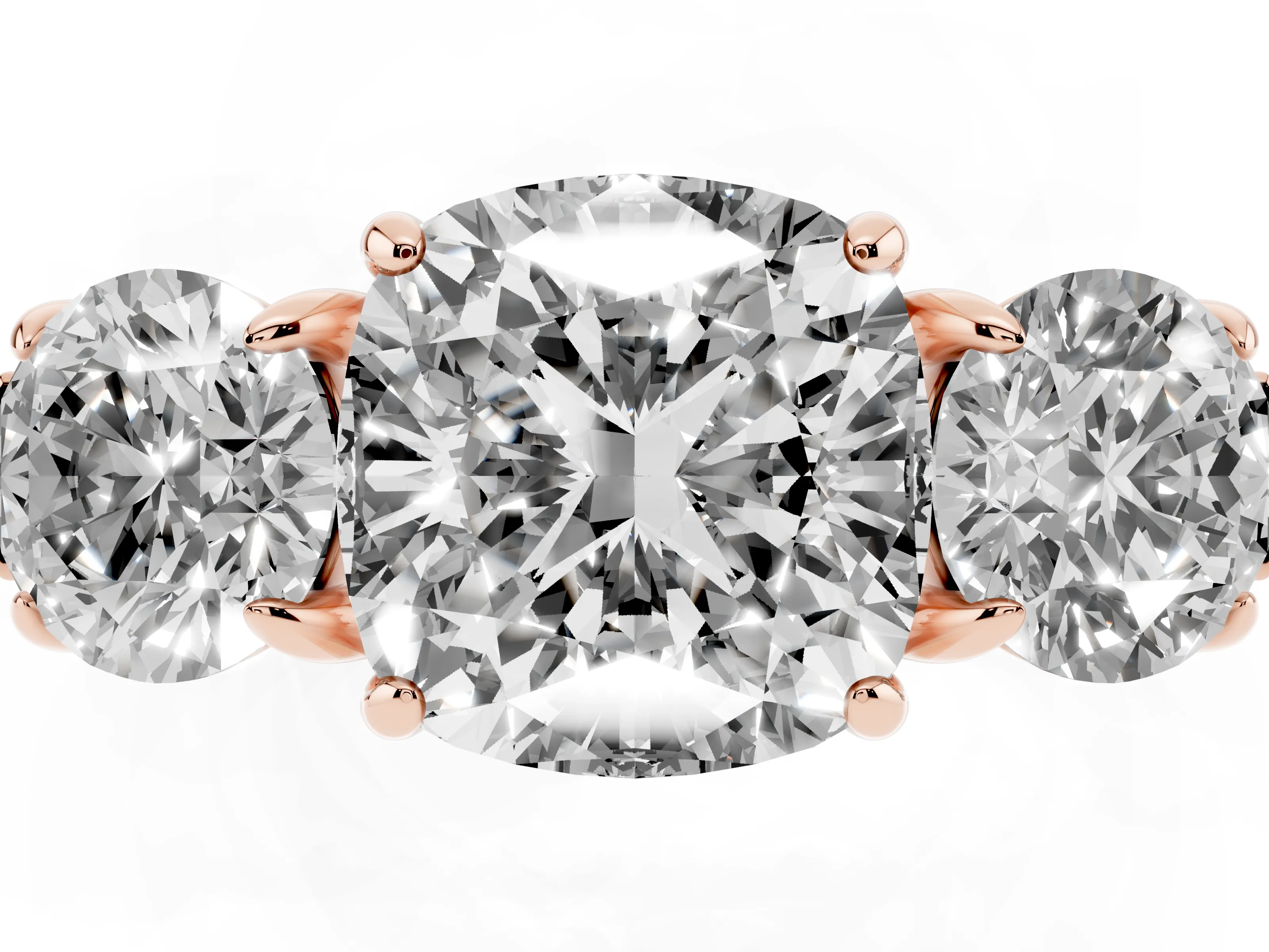 Cushion Cut Diamond Three-Stone Ring Set in Rose gold with Round Accent Stones and Plain Band