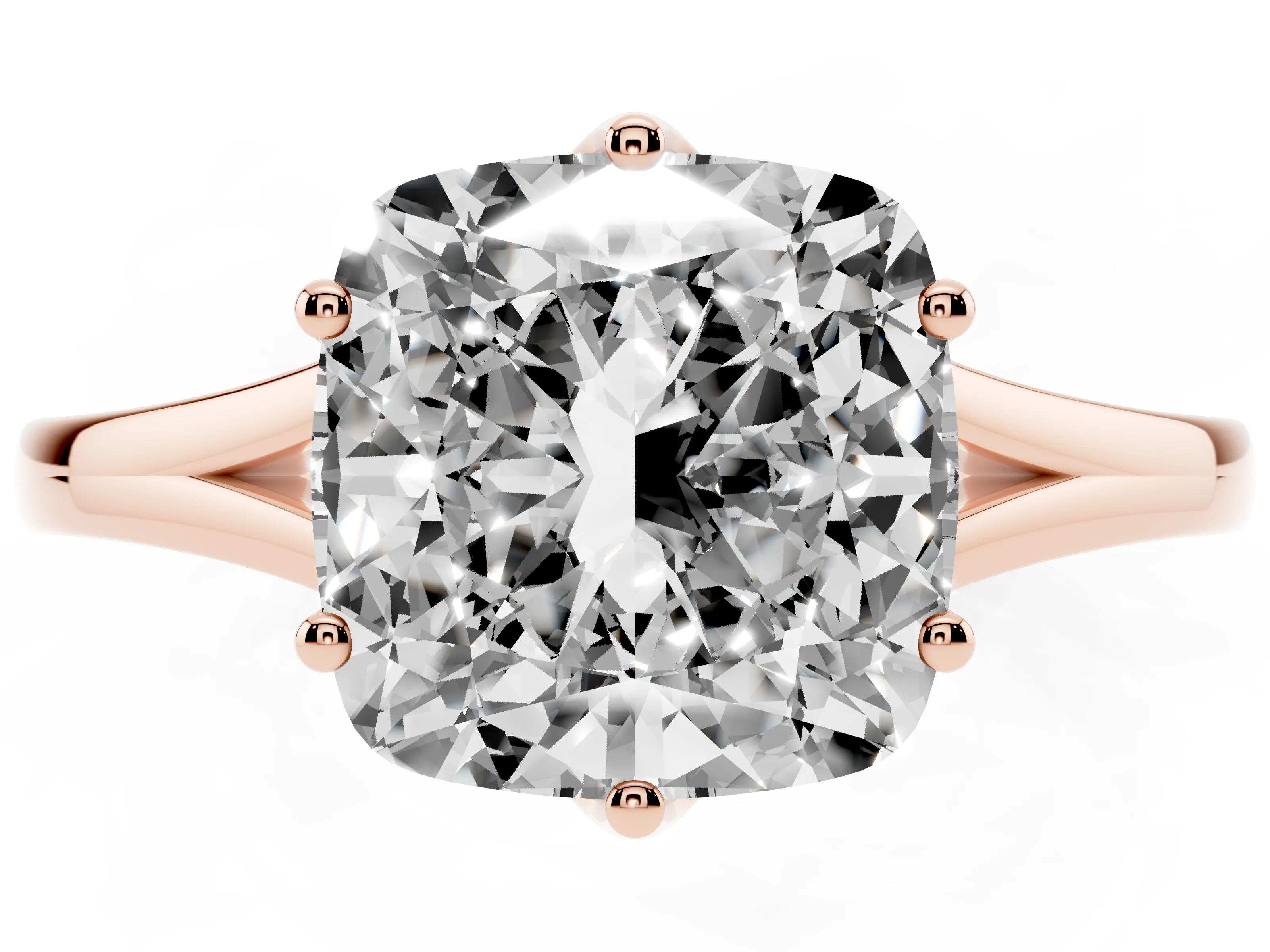 Cushion Cut Diamond Solitaire Ring Set in Rose gold with Polished Tapered Band and Prong Setting