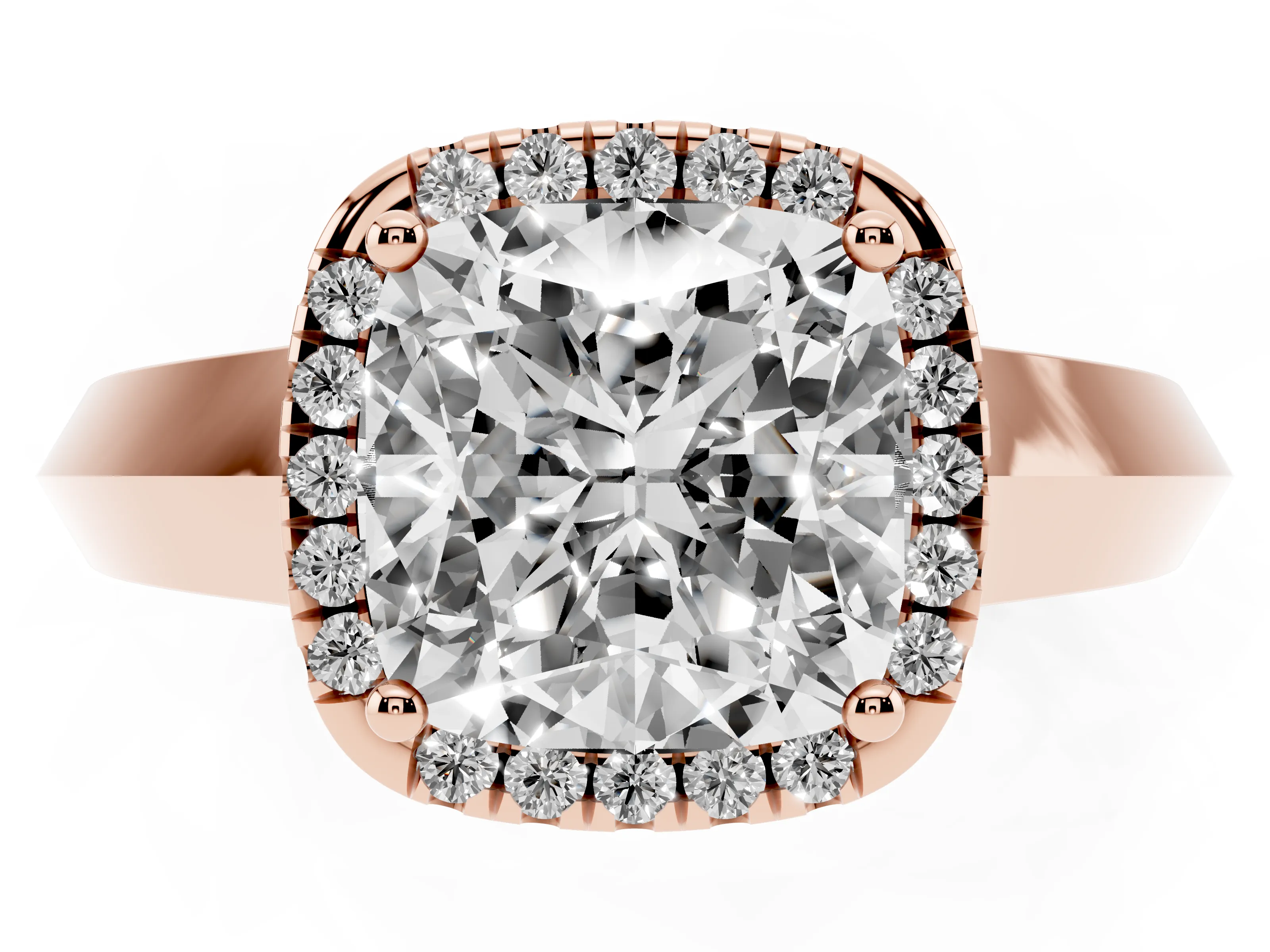 Cushion Cut Diamond Halo Ring Set in Rose gold with Cathedral Band and Prong Setting