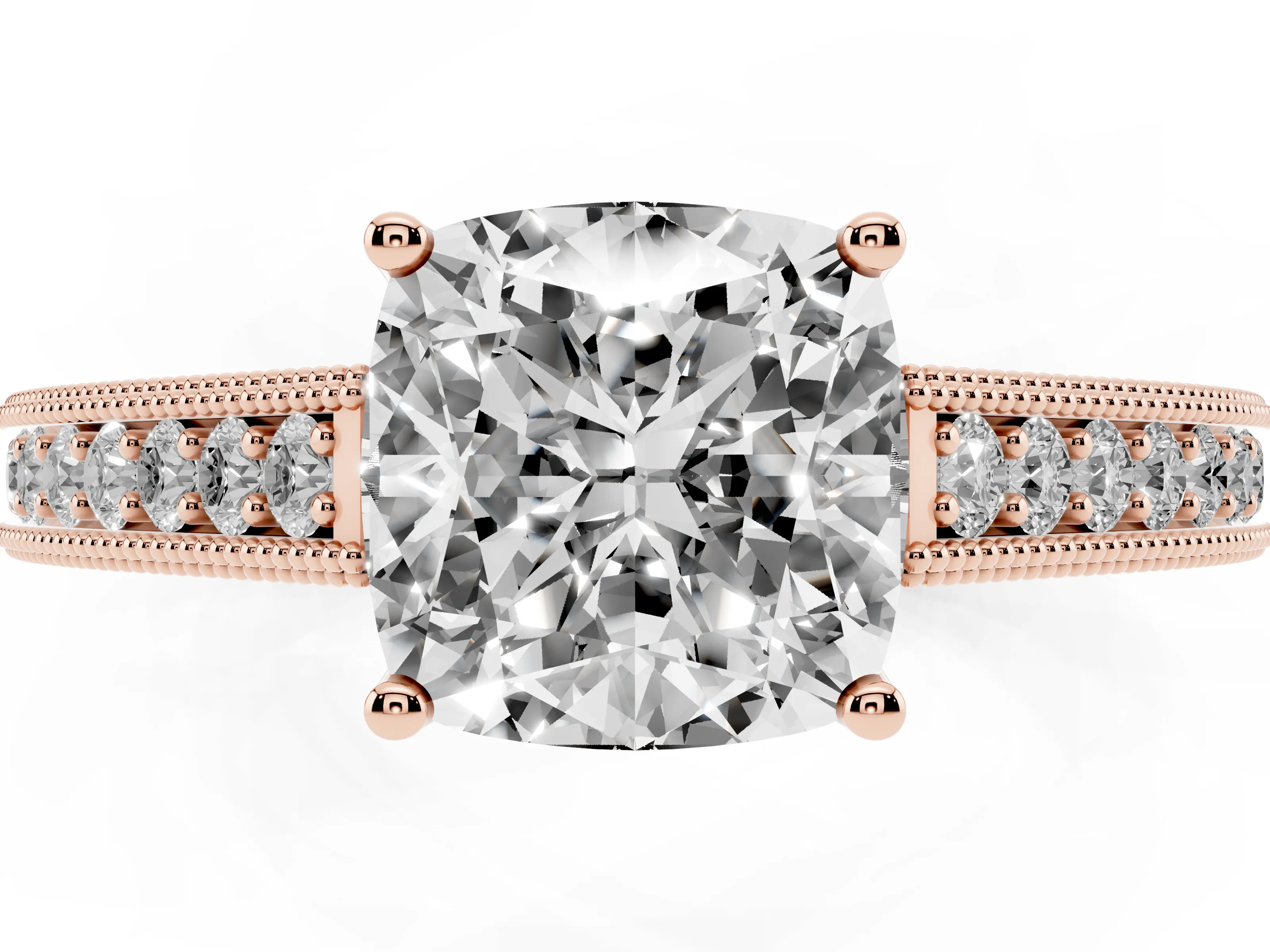 Cushion Cut Diamond Milgrain Pavé Band Solitaire Ring Set in Rose gold with Prong Setting