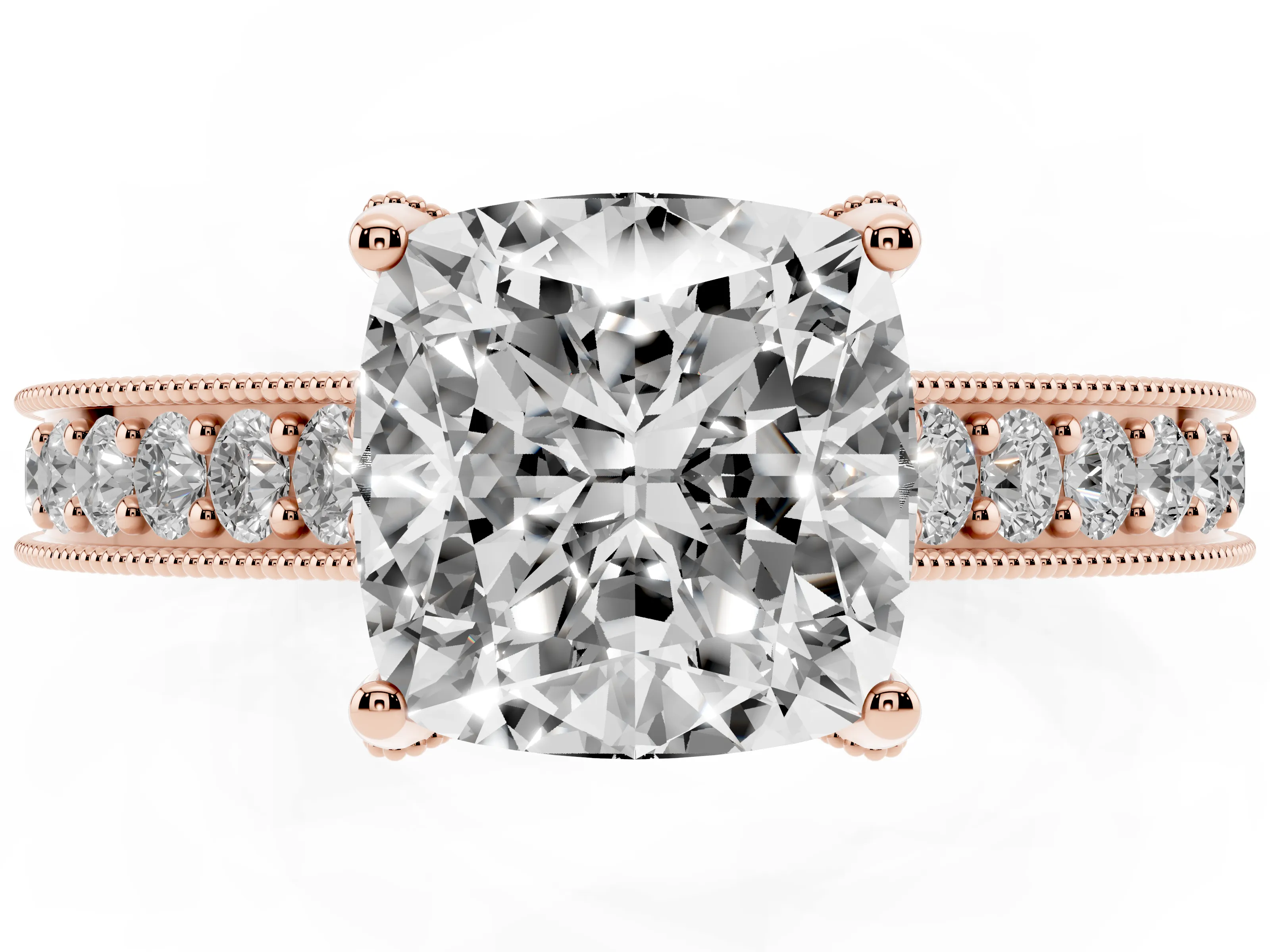 Cushion Cut Diamond Solitaire Ring Set in Rose gold with Milgrain-Edged Pavé Band and Prong Setting
