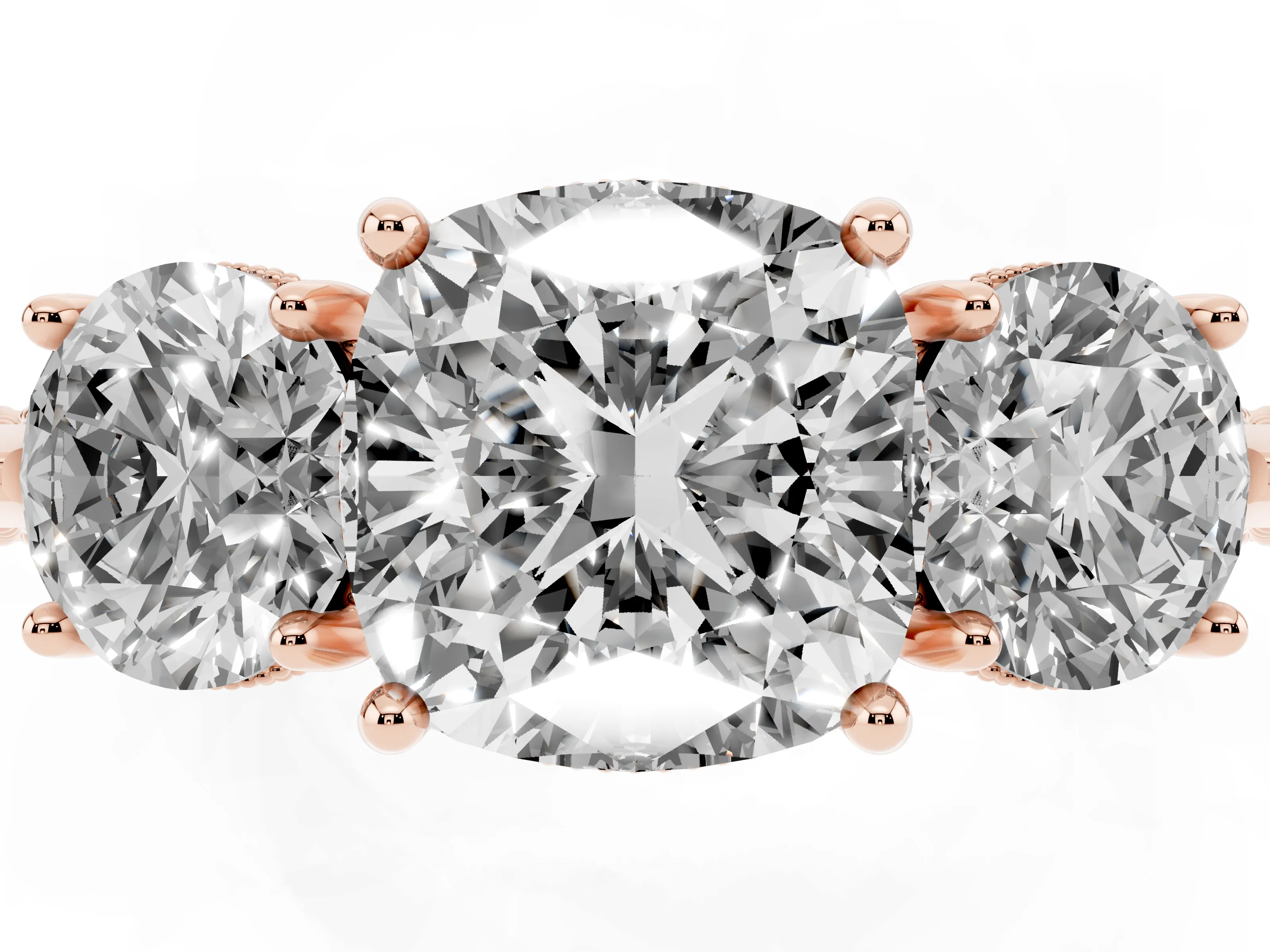 Cushion Cut Diamond Three-Stone Ring Set in Rose gold with Milgrain Band