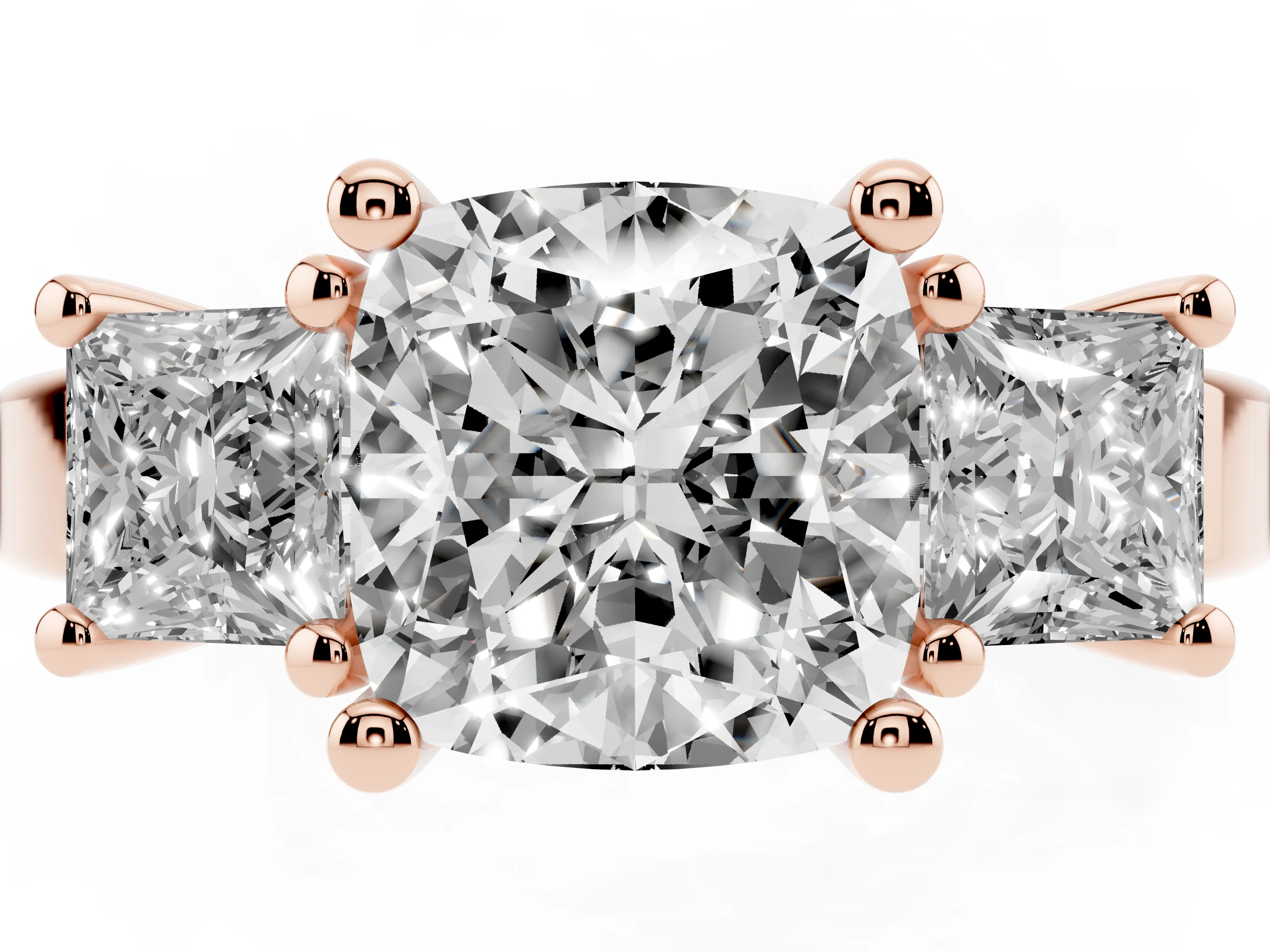 Three-Stone Cushion Cut Diamond Solitaire Ring Set in Rose gold with Prong Setting