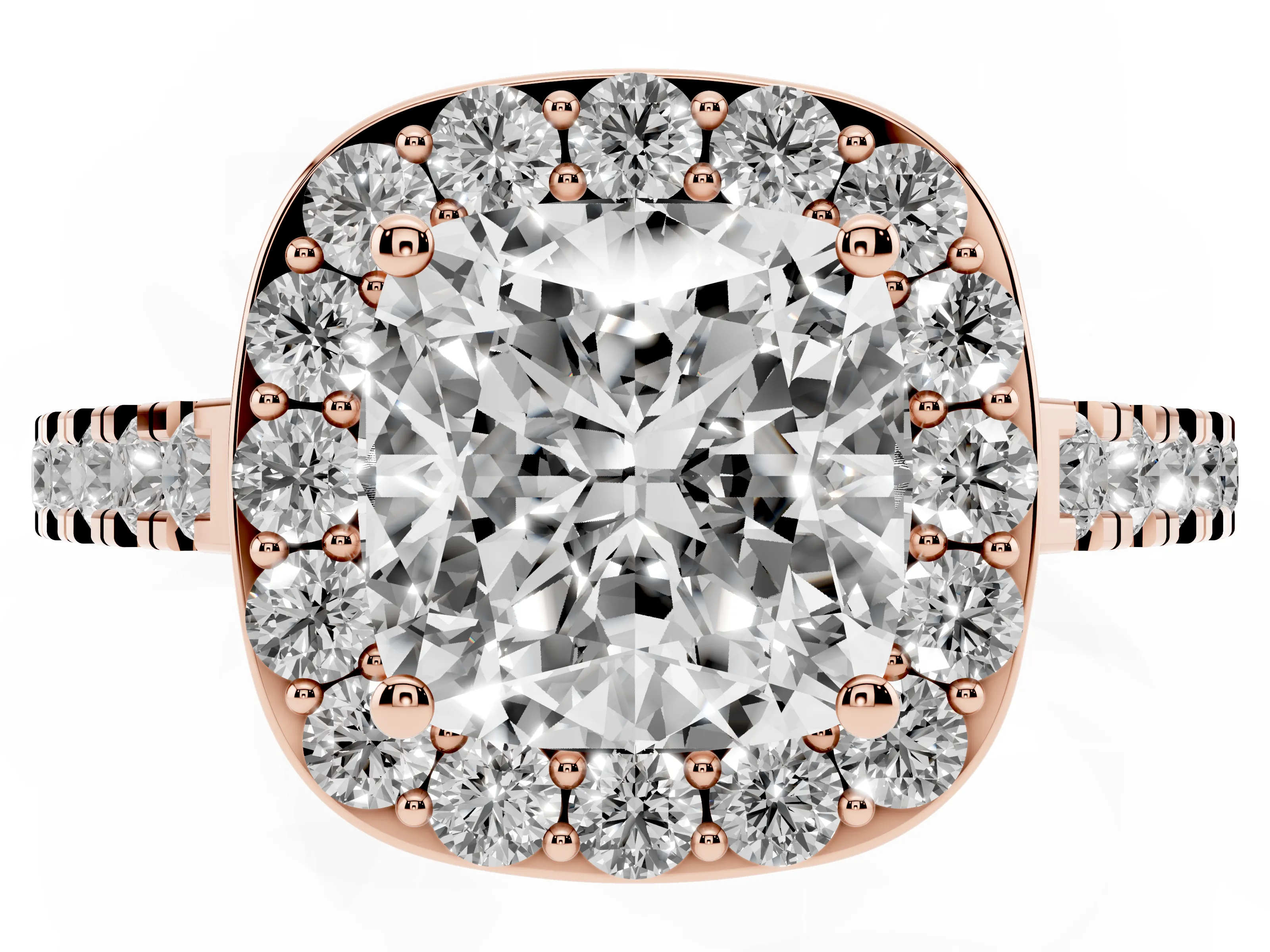 Cushion Cut Diamond Halo Ring Set in Rose gold with Round Pavé Split Shank and Prong Setting
