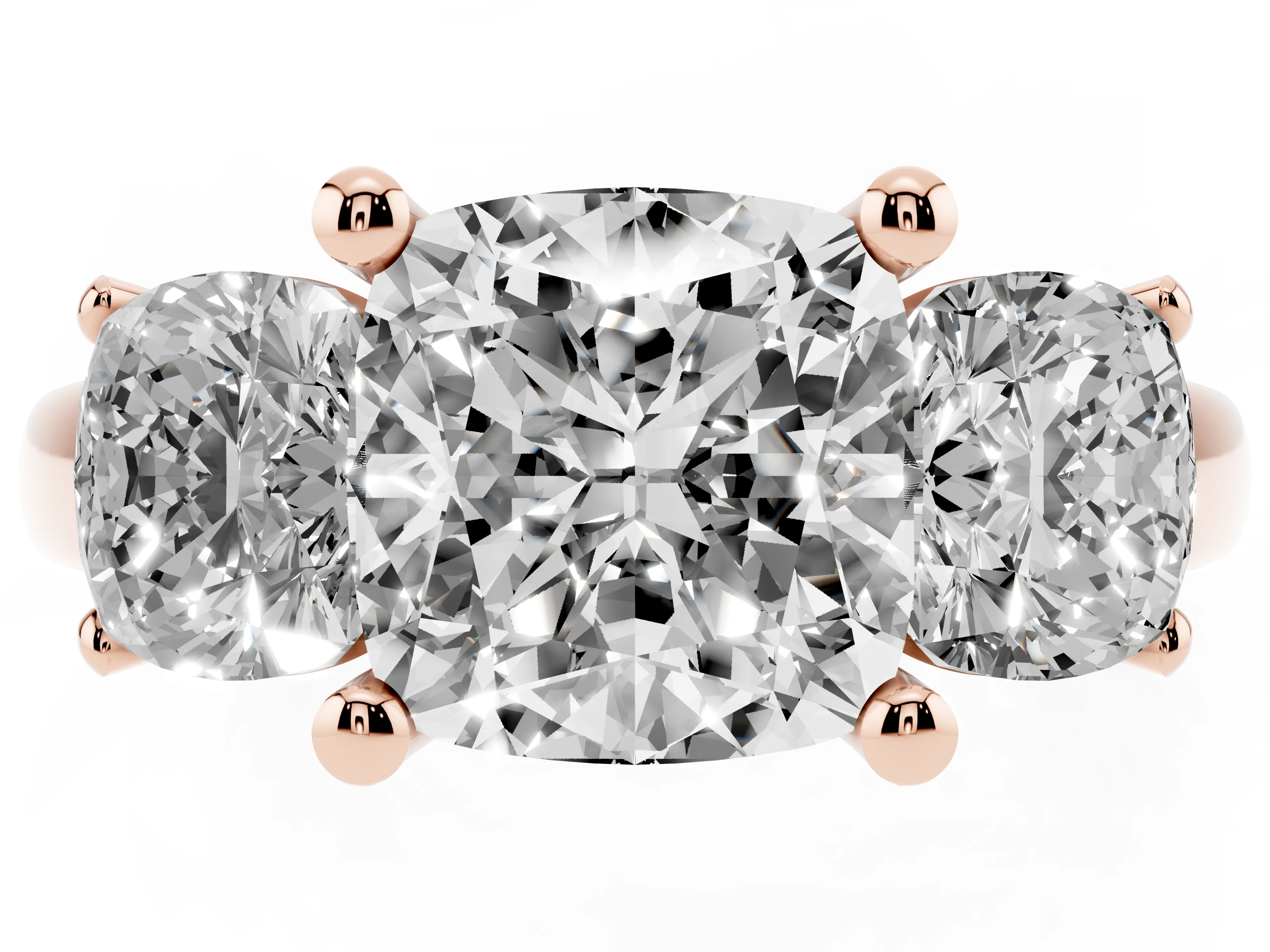 Cushion Cut Diamond Three-Stone Ring Set in Rose gold with Classic Prong Setting and Plain Band