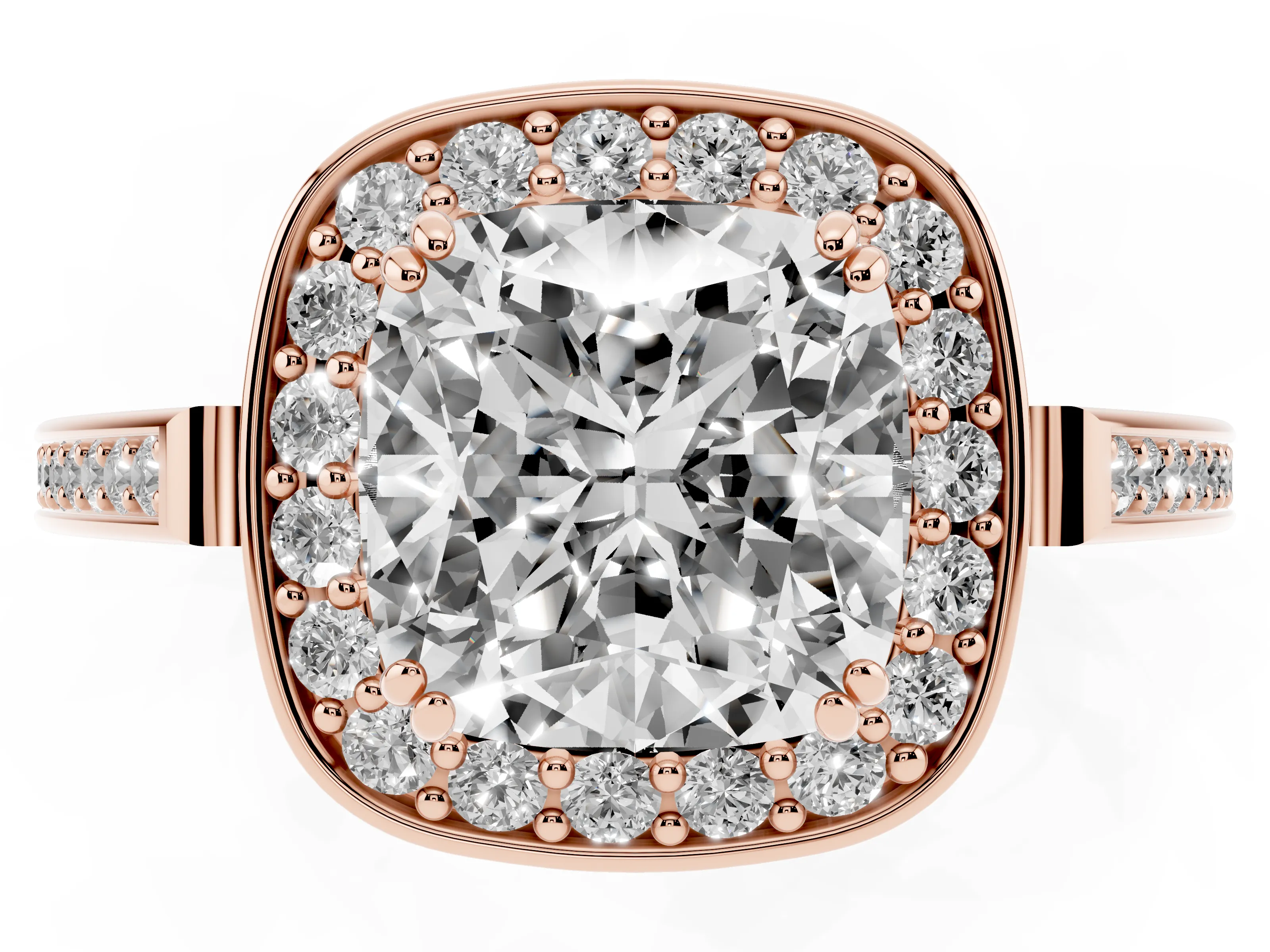 Cushion Cut Diamond Halo Ring Set in Rose gold with Accent-Lined Split Shank and Prong Setting