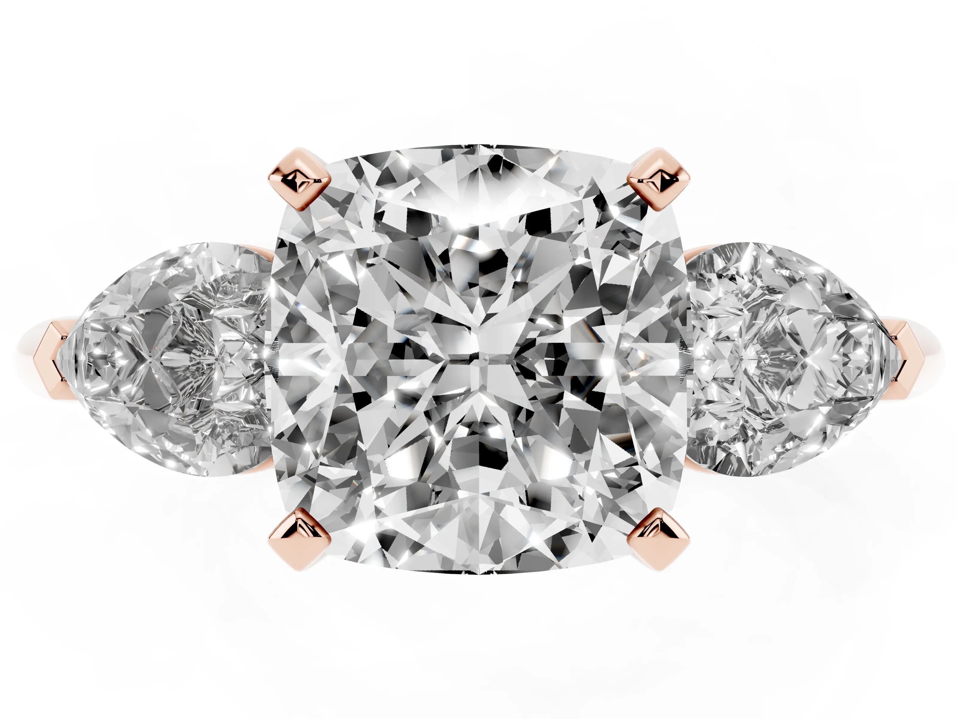 Three-Stone Cushion Cut Diamond Ring Set in Rose gold with Pear Side Stones and Prong Setting