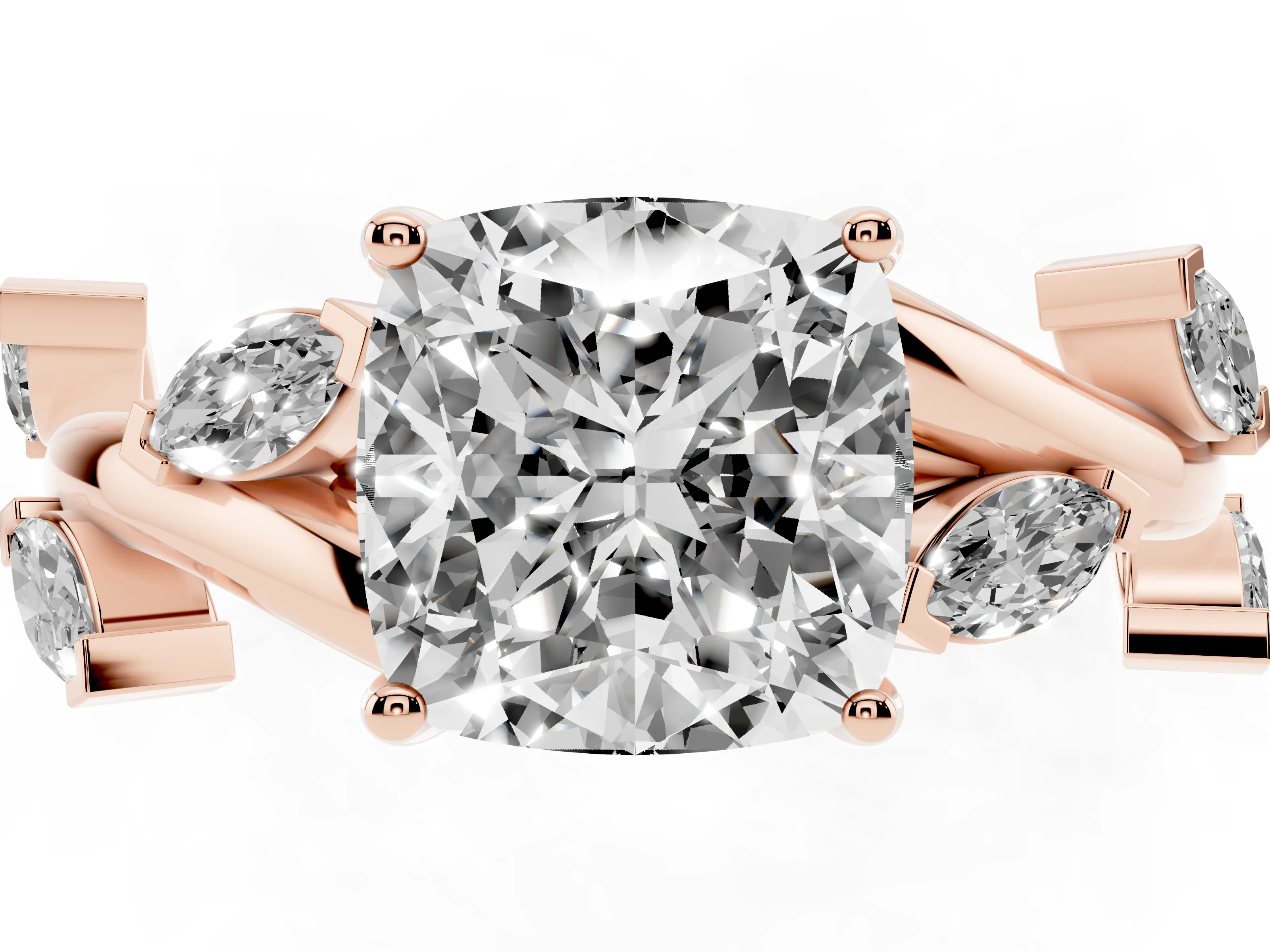 Cushion Cut Diamond Solitaire Ring Set in Rose gold with Twisted Marquise Accent Band