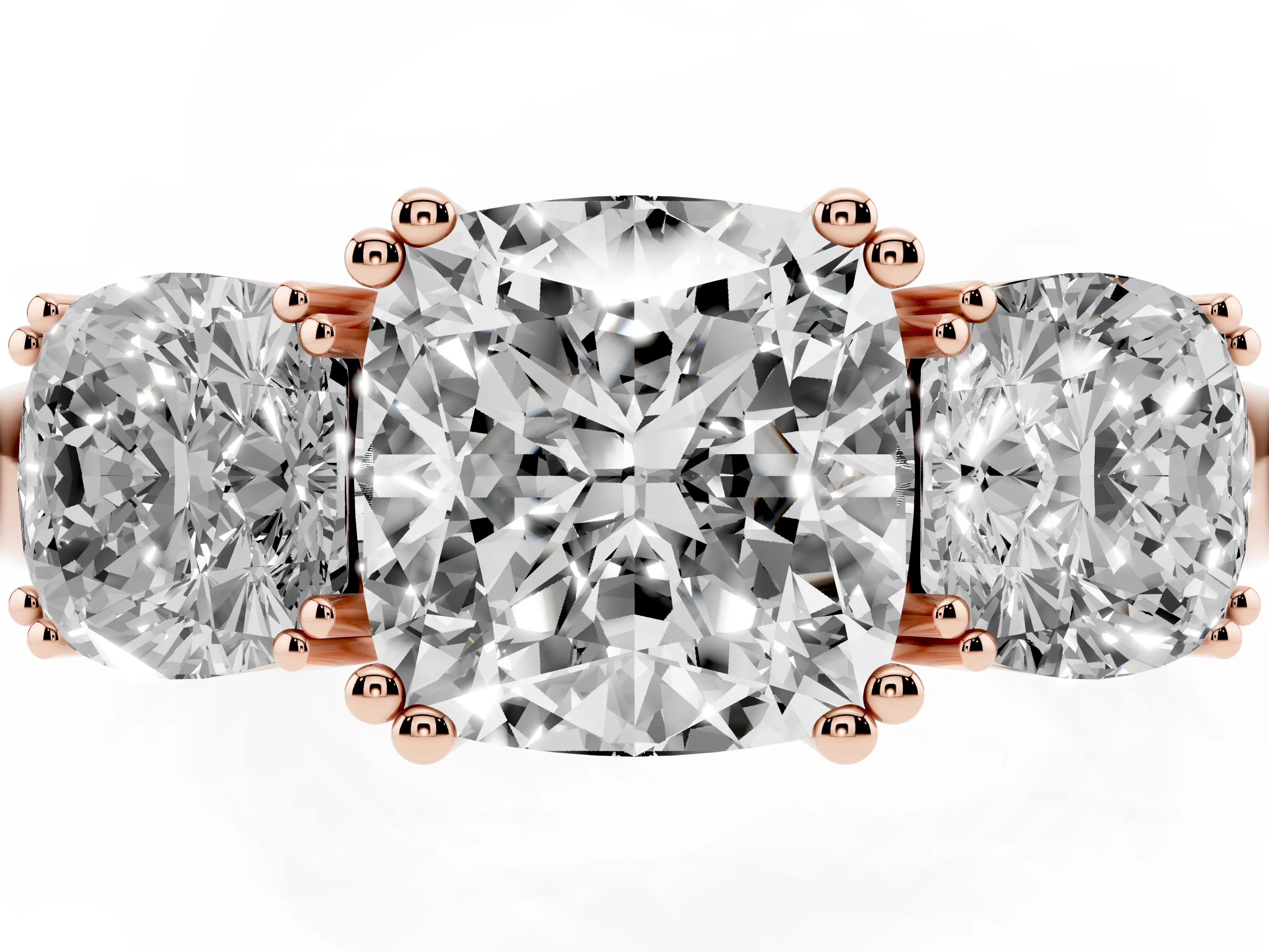 Cushion Cut Diamond Three-Stone Ring Set in Rose gold with Polished Band and Prong Setting