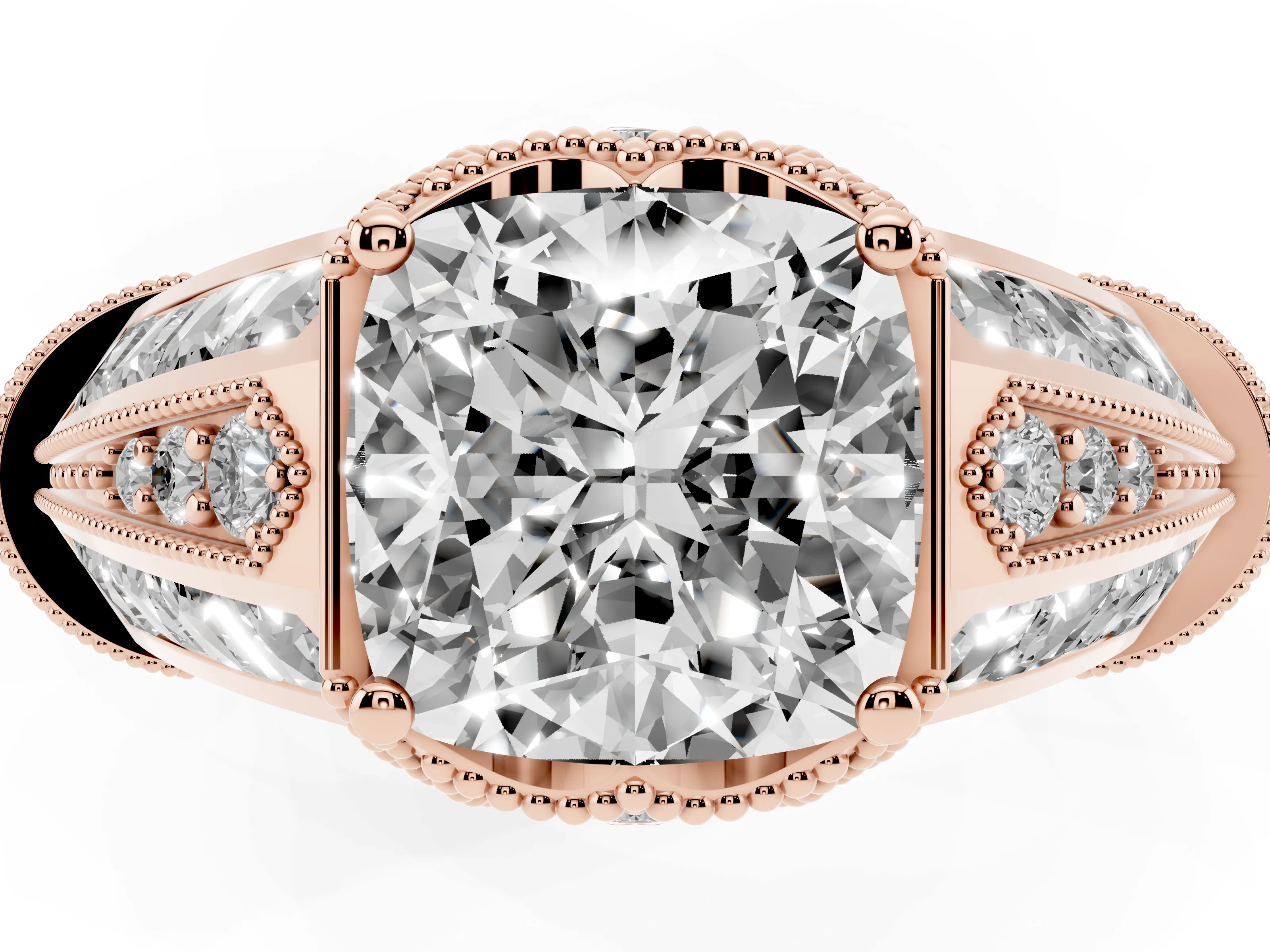Cushion Cut Diamond Vintage-Inspired Milgrain Ring Set in Rose gold with Accent Split Shank