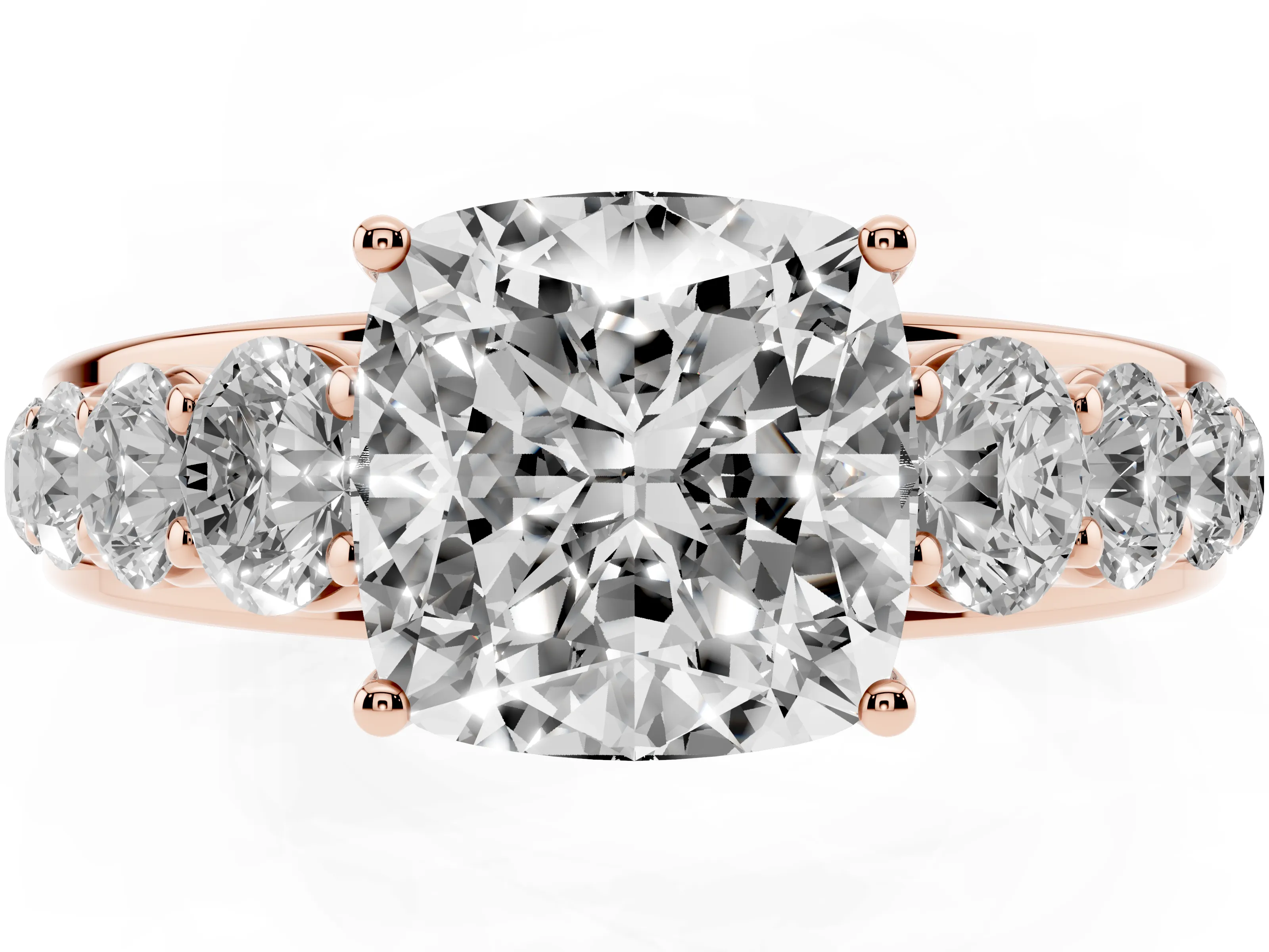 Cushion Cut Diamond Solitaire Ring Set in Rose gold with Pavé-Set Band and Prong Setting