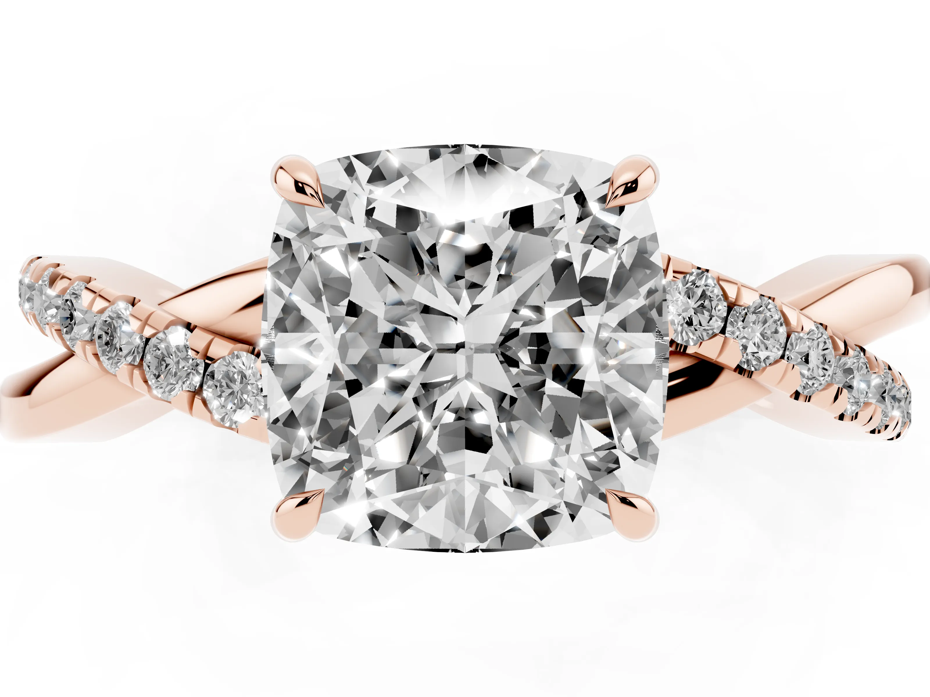 Cushion Cut Diamond Twisted Pavé Band Ring Set in Rose gold with Prong Setting