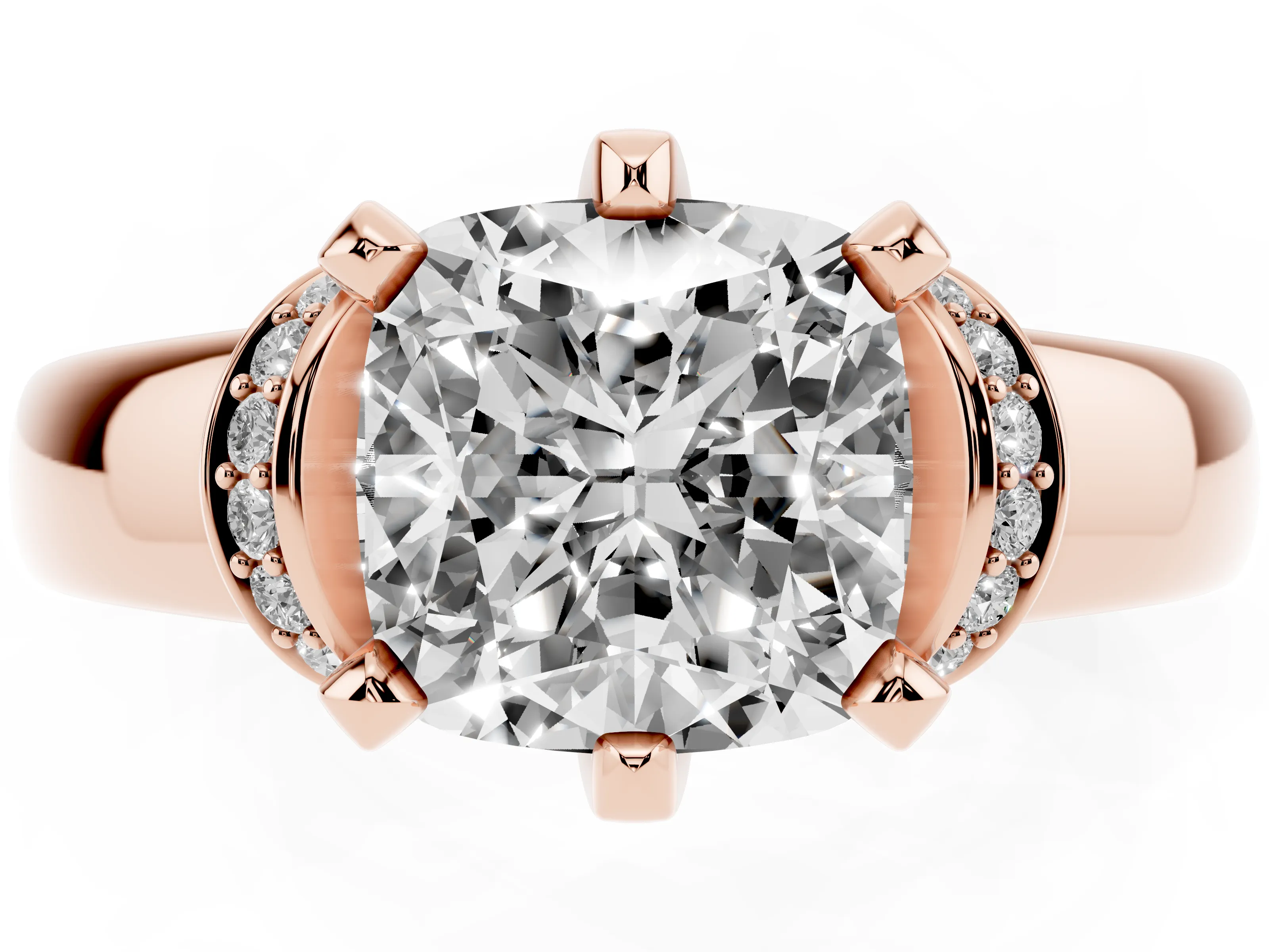 Cushion Cut Diamond Pavé Band Solitaire Ring Set in Rose gold with Prong Setting