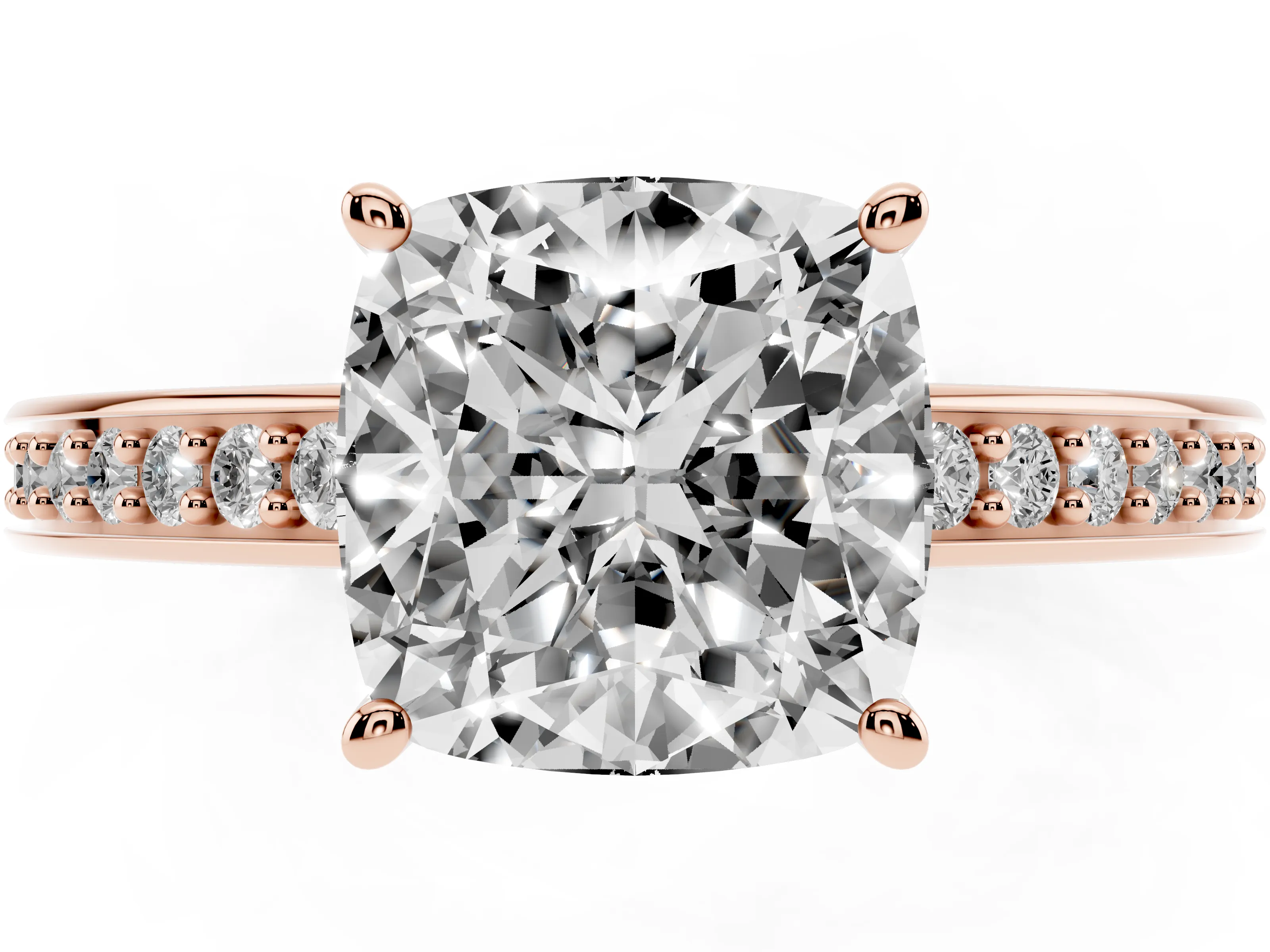 Cushion Cut Diamond Pavé Band Prong Set Solitaire Ring Set in Rose gold