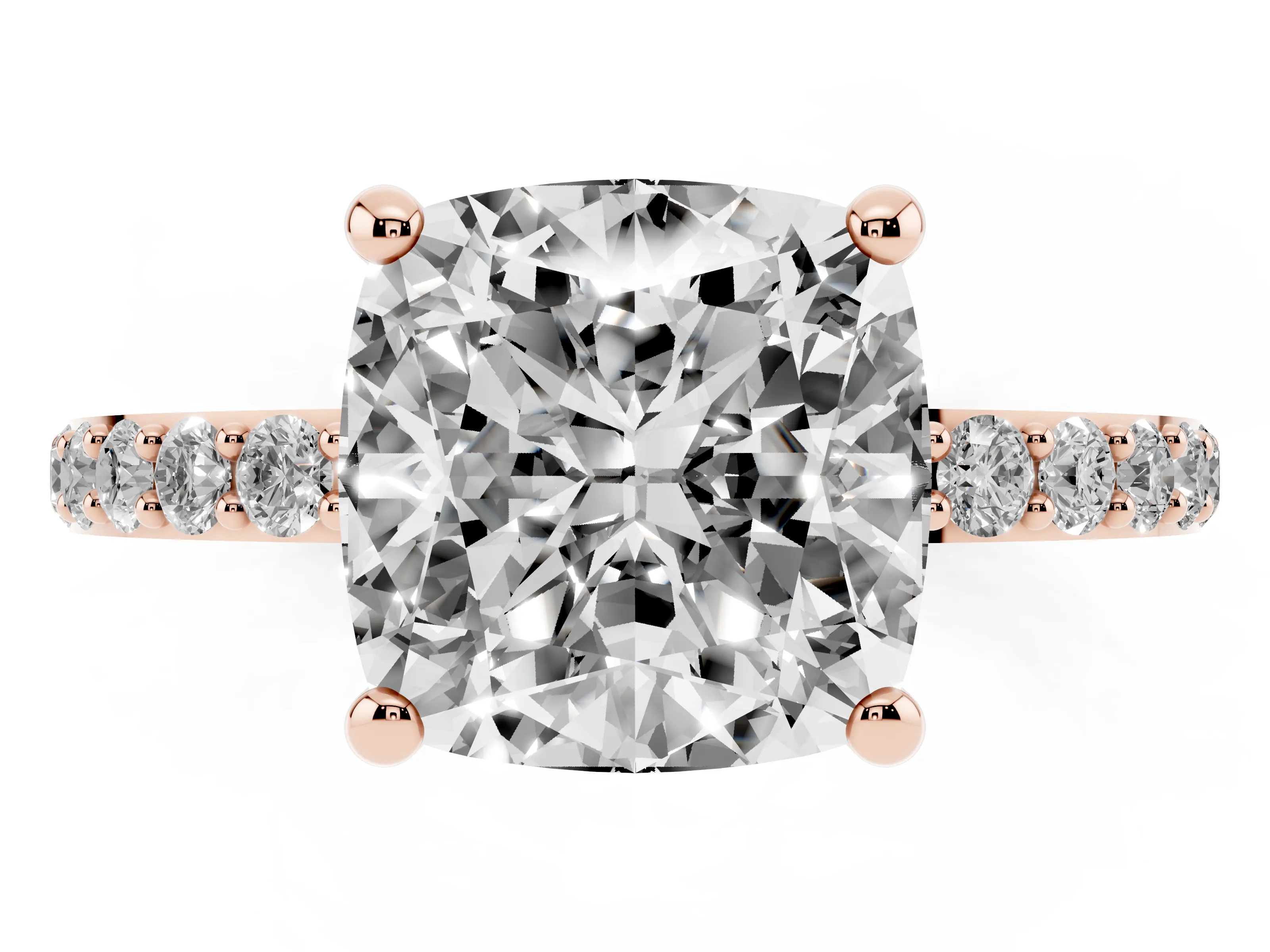 Cushion Cut Diamond Solitaire Ring Set in Rose gold with Round Pavé Band and Prong Setting