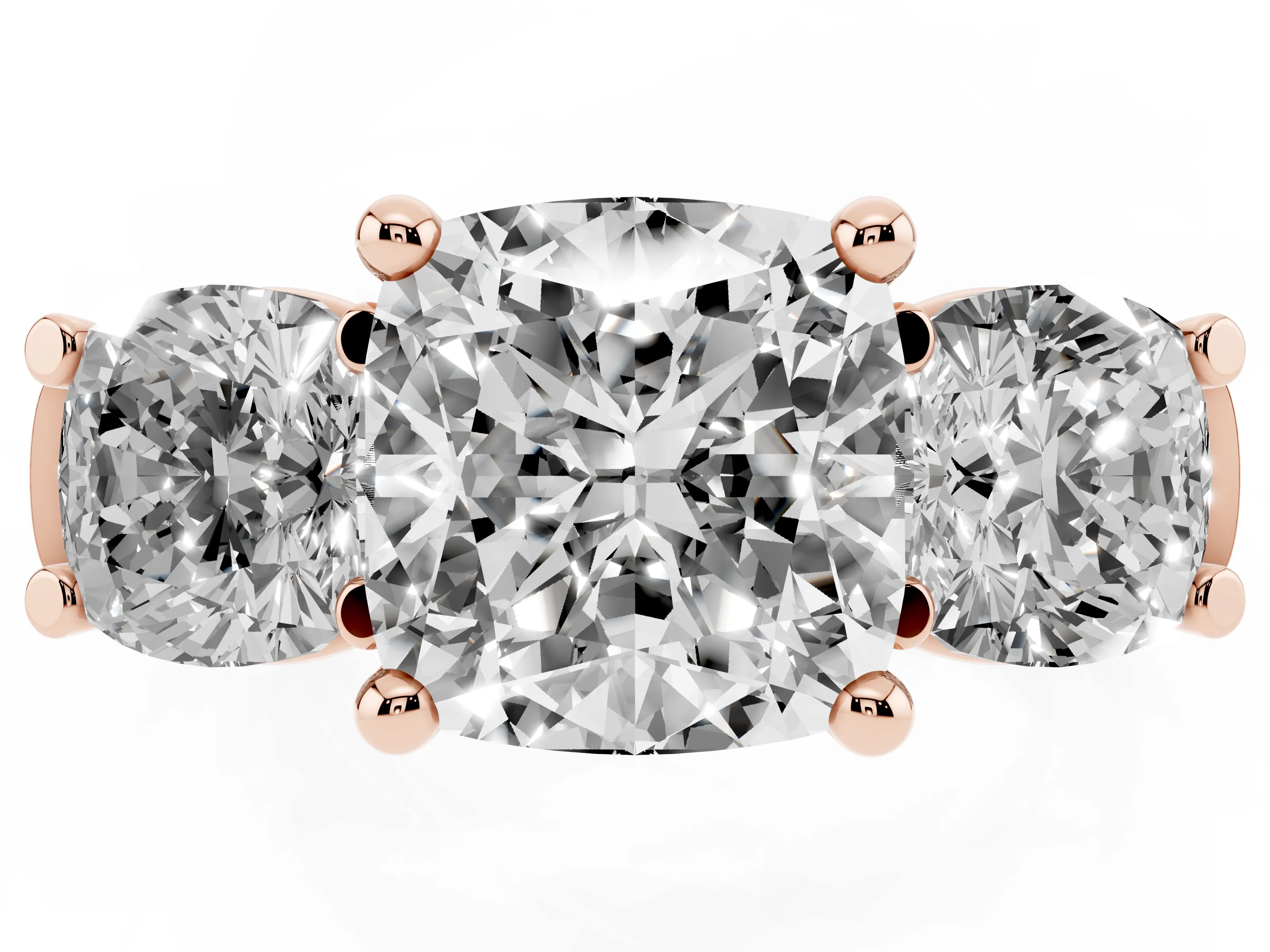 Cushion Cut Diamond Three-Stone Trellis Ring Set in Rose gold with Comfort Fit Band