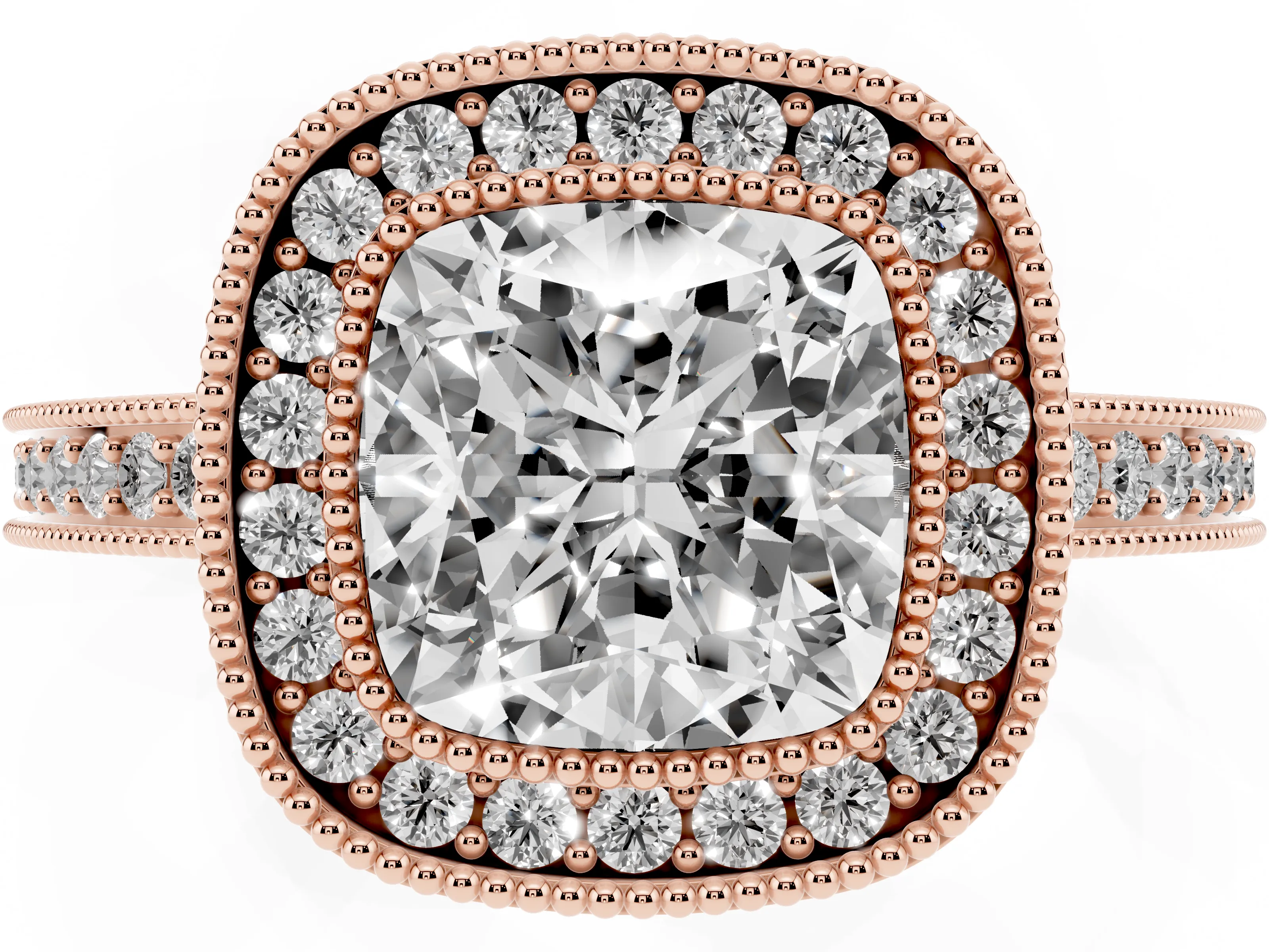 Cushion Cut Diamond Round Halo Ring Set in Rose gold with Pavé Band
