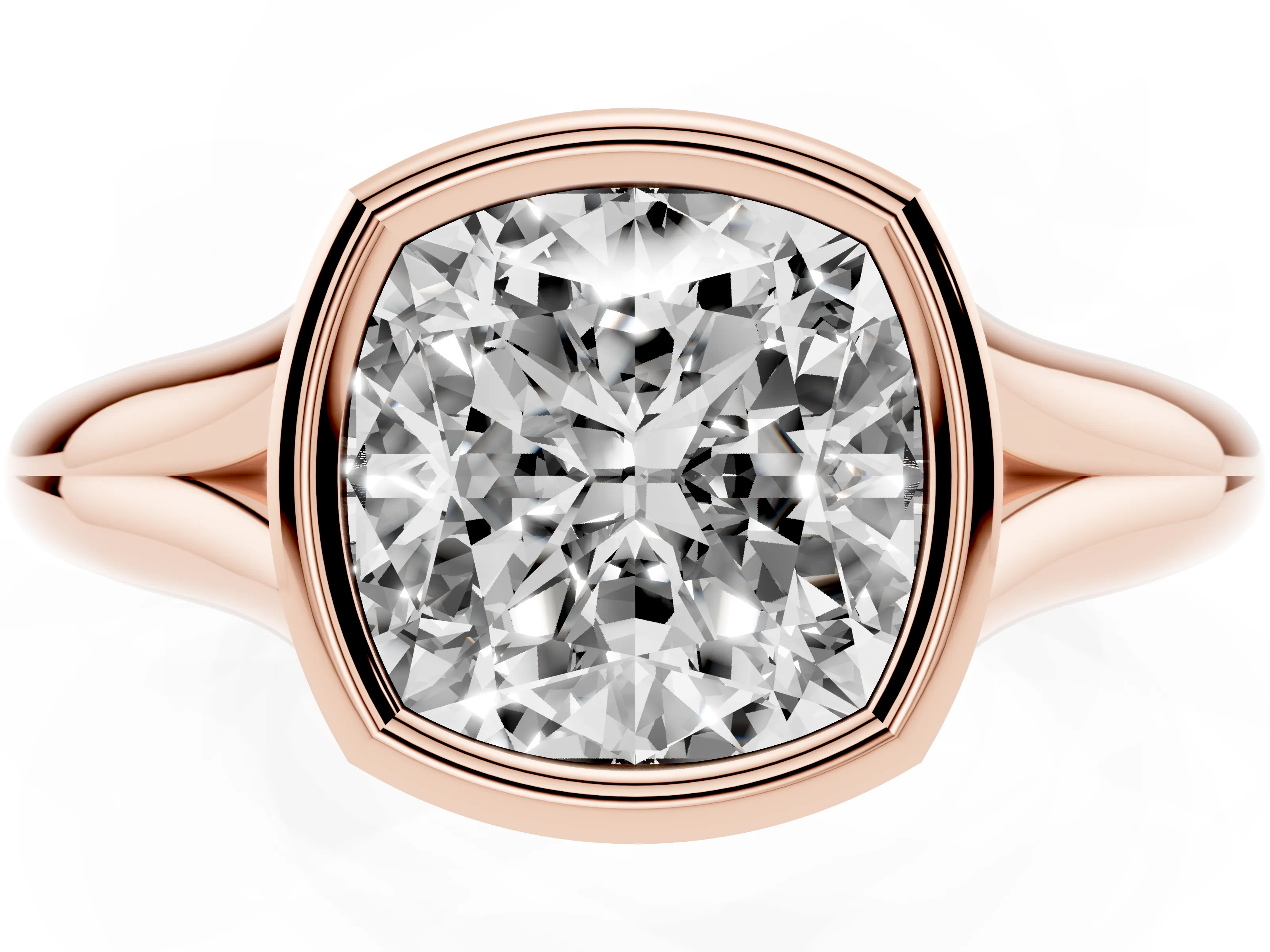 Bezel Set Cushion Cut Diamond Solitaire Ring Set in Rose gold with Smooth Band