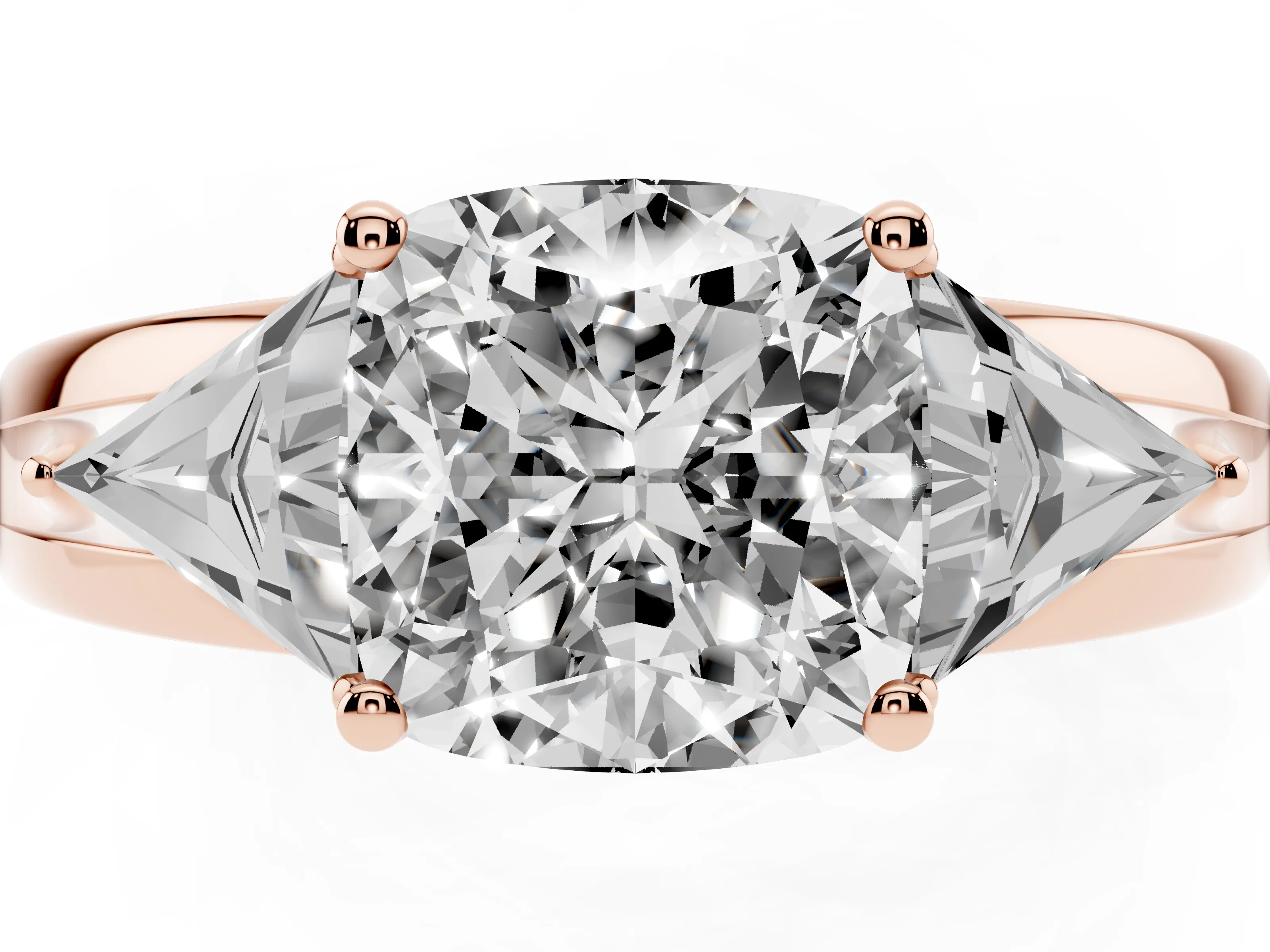 Cushion Cut Diamond Three-Stone Ring Set in Rose gold with Trillion Side Stones and Split Shank