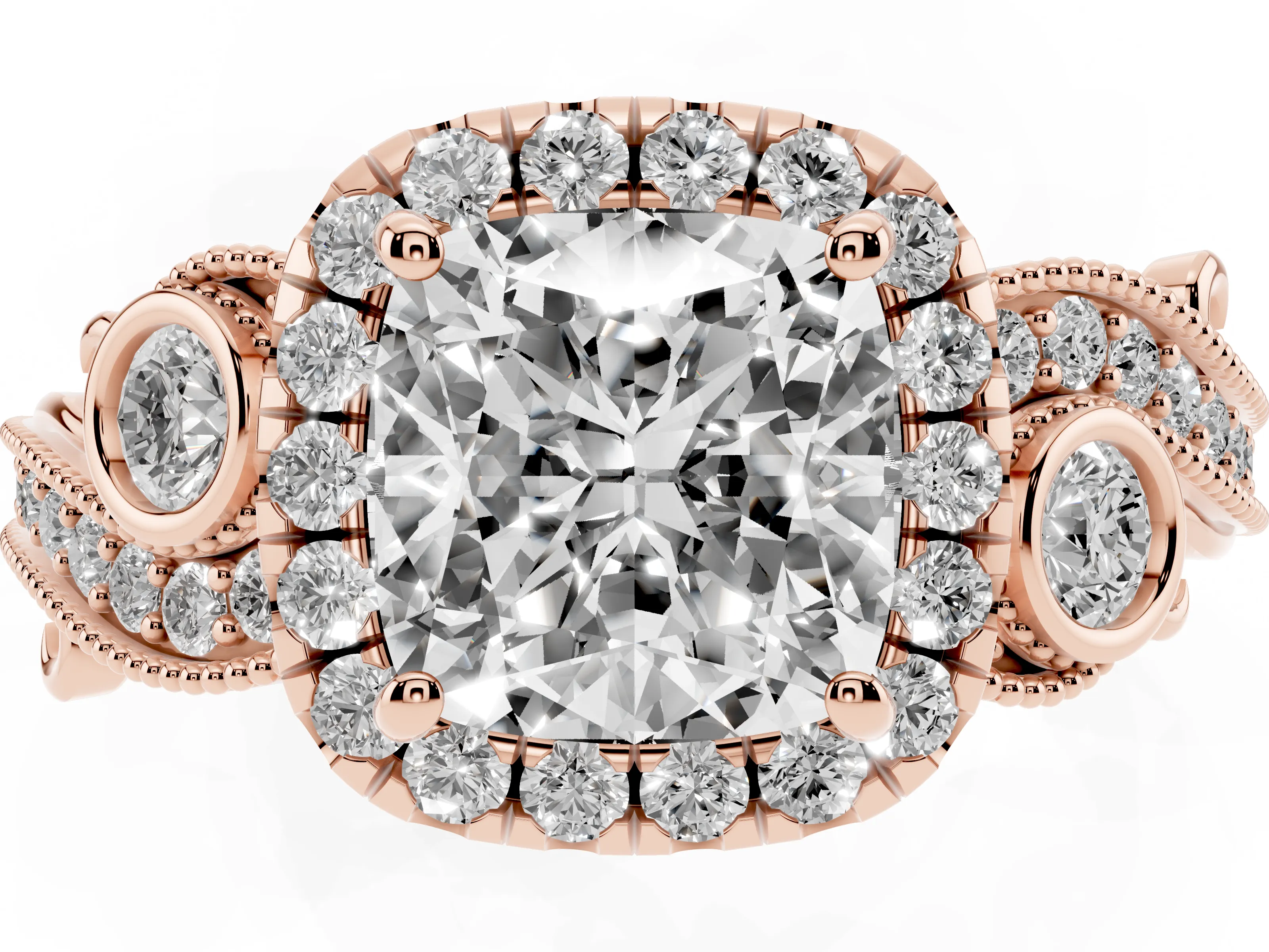Cushion Cut Diamond Halo Ring Set in Rose gold with Milgrain Pavé Band and Prong Setting