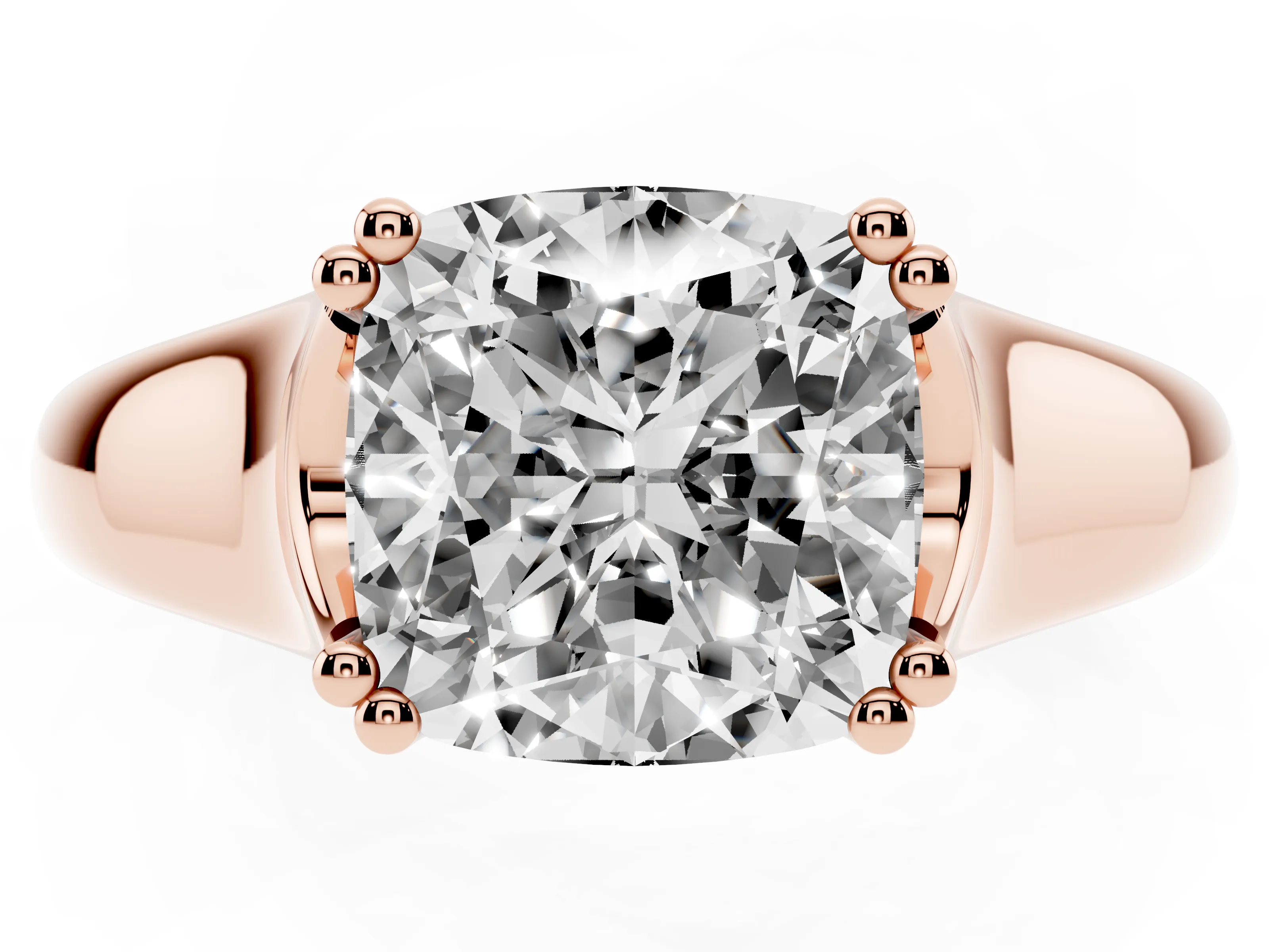 Cushion Cut Diamond Solitaire Ring Set in Rose gold with Wide Band and Prong Setting