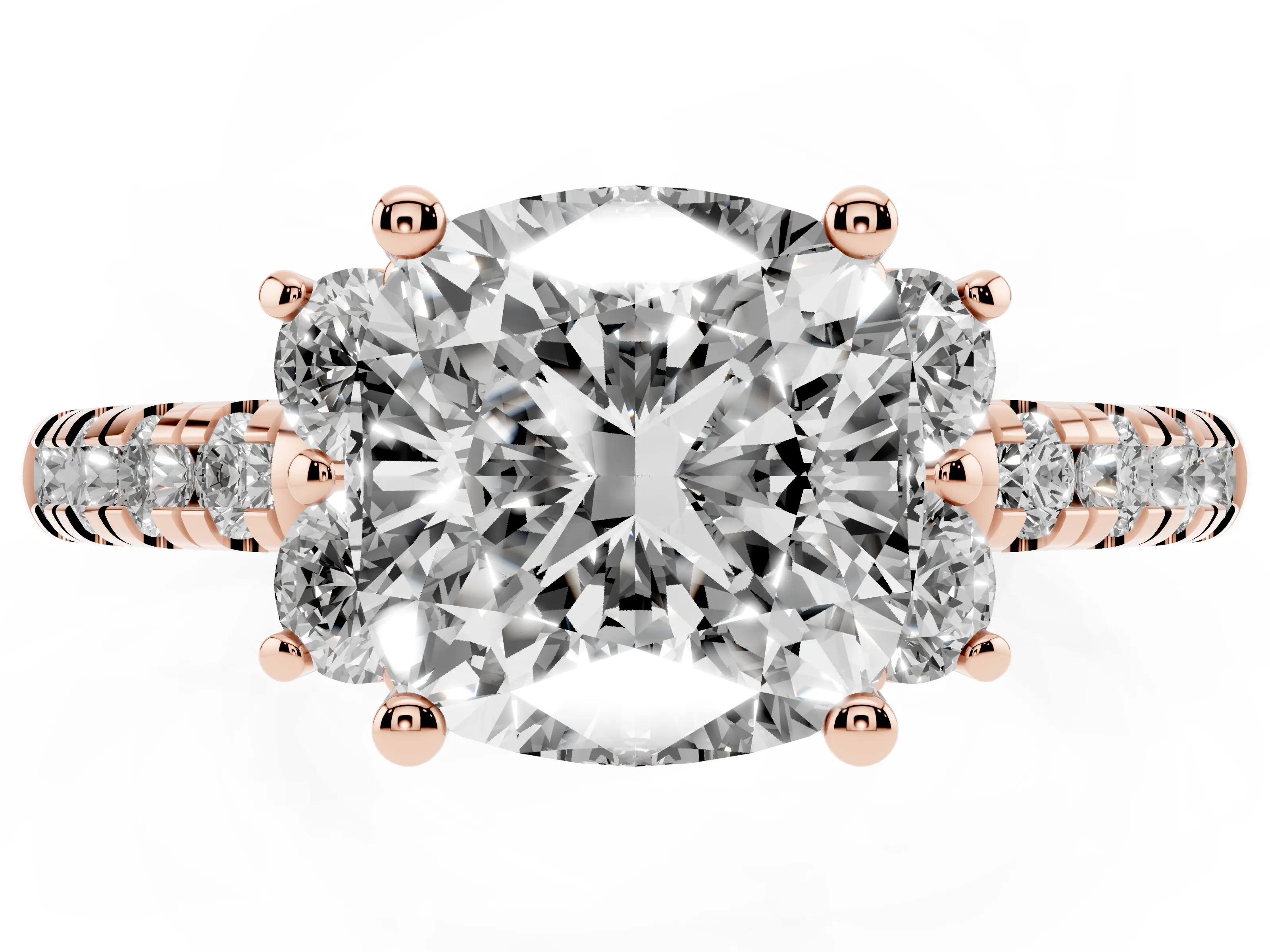Cushion Cut Diamond Three-Stone Pavé Ring Set in Rose gold with Prong Setting