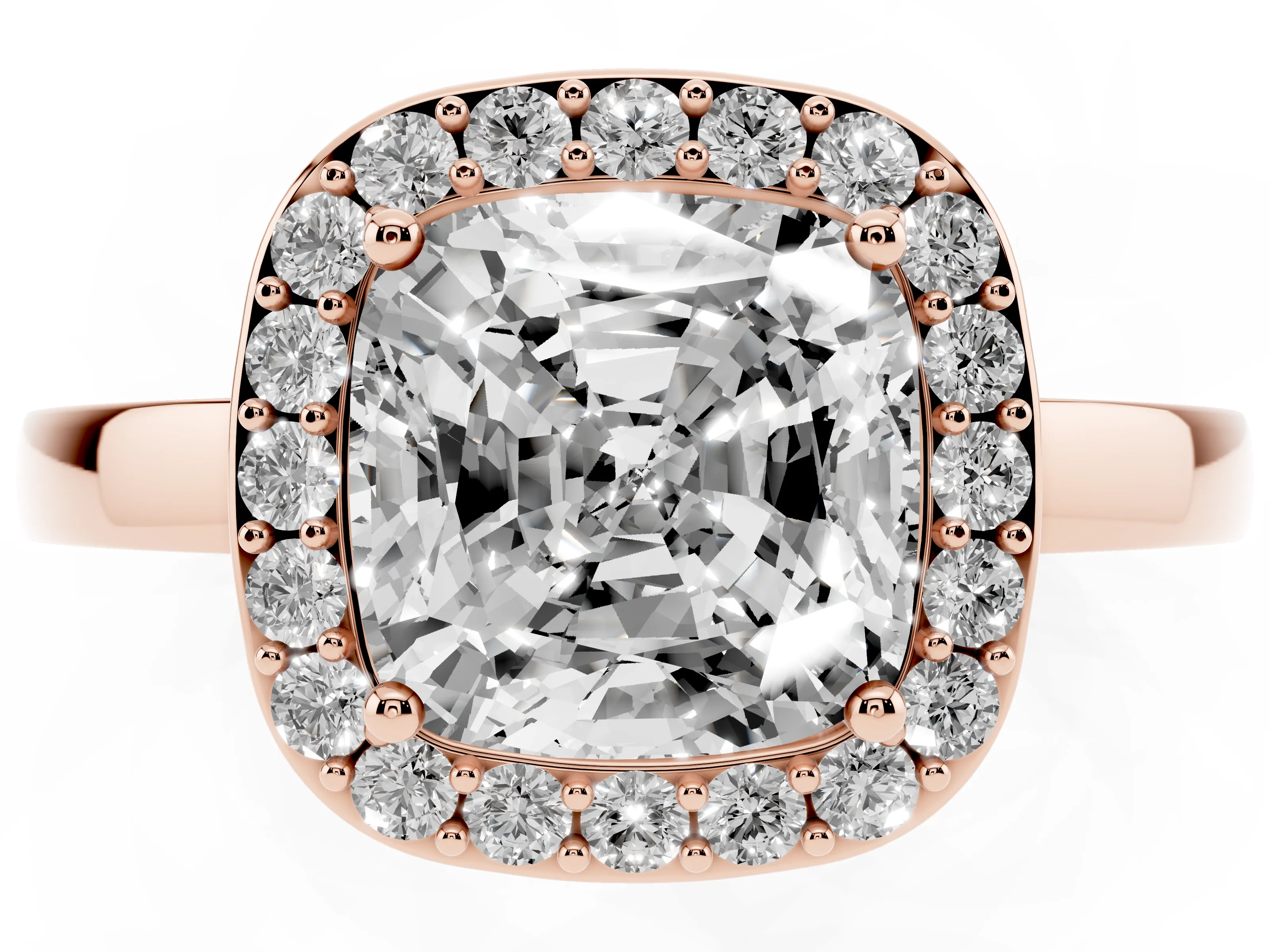 Cushion Cut Diamond Halo Ring Set in Rose gold with Solitaire Band and Prong Setting