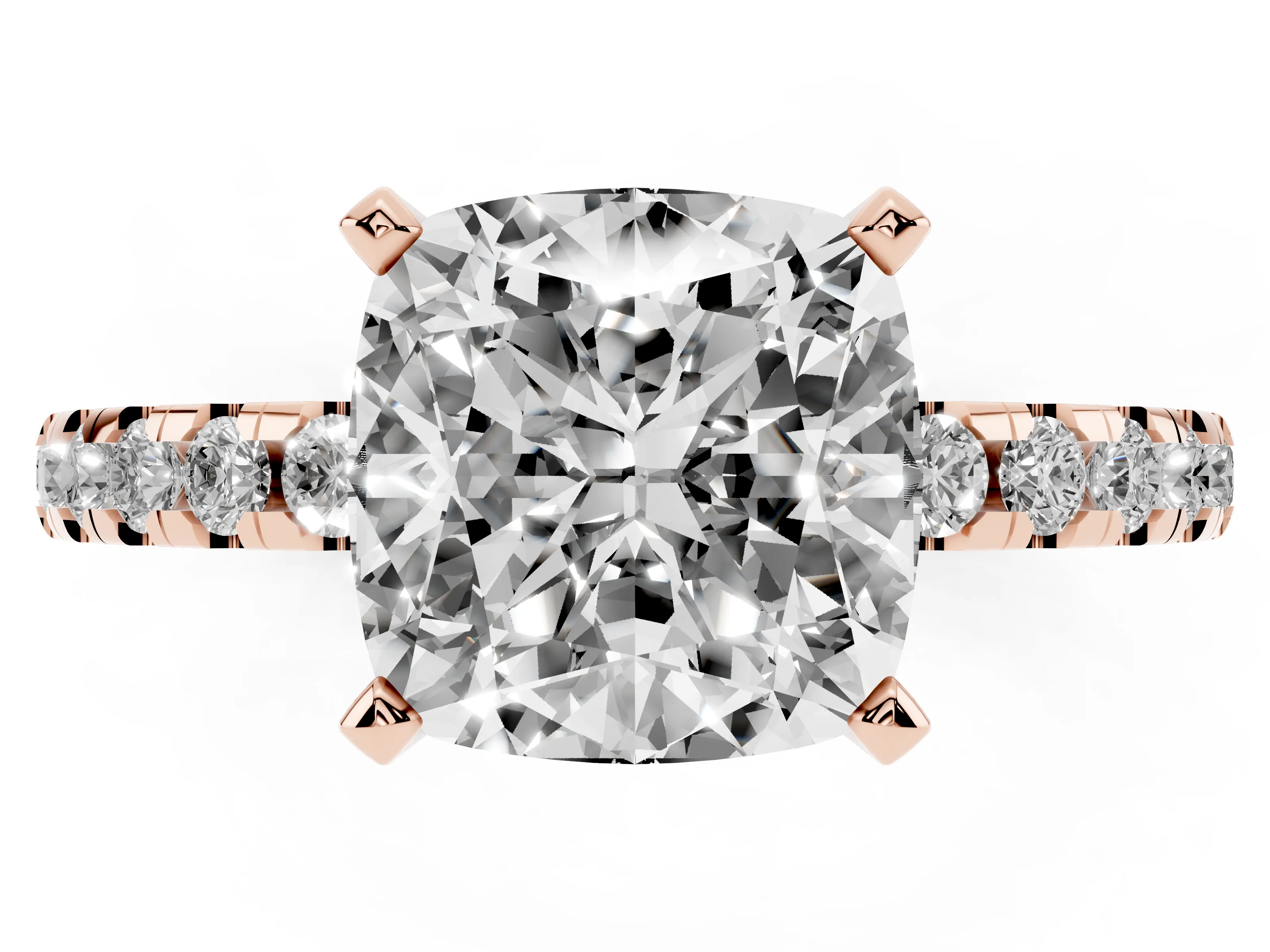 Cushion Cut Diamond Pavé Solitaire Ring Set in Rose gold with Round Band Accents and Prong Setting