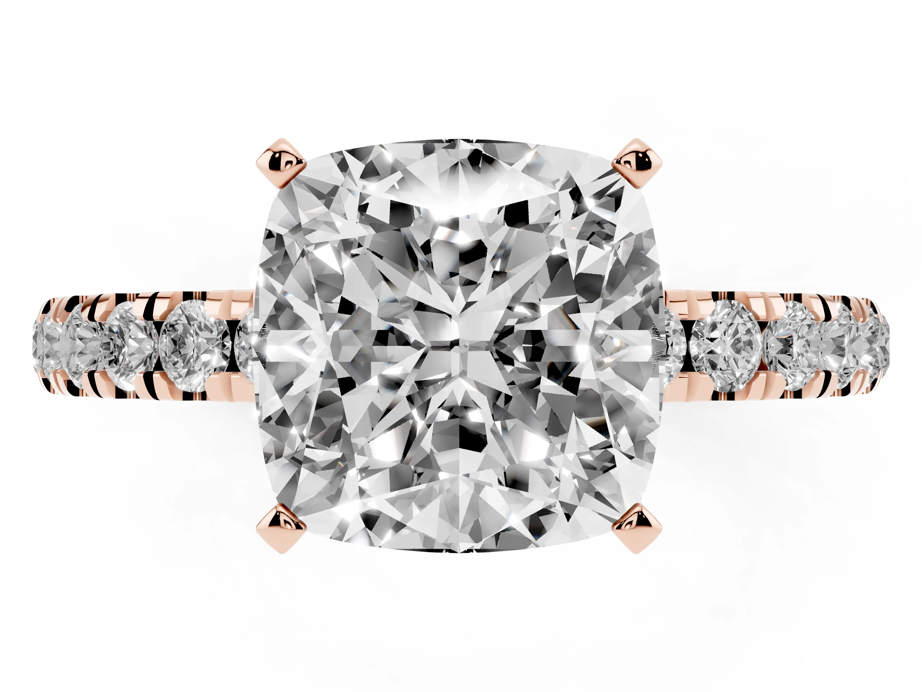 Cushion Cut Diamond Solitaire Ring Set in Rose gold with Pavé Accents and Prong Setting