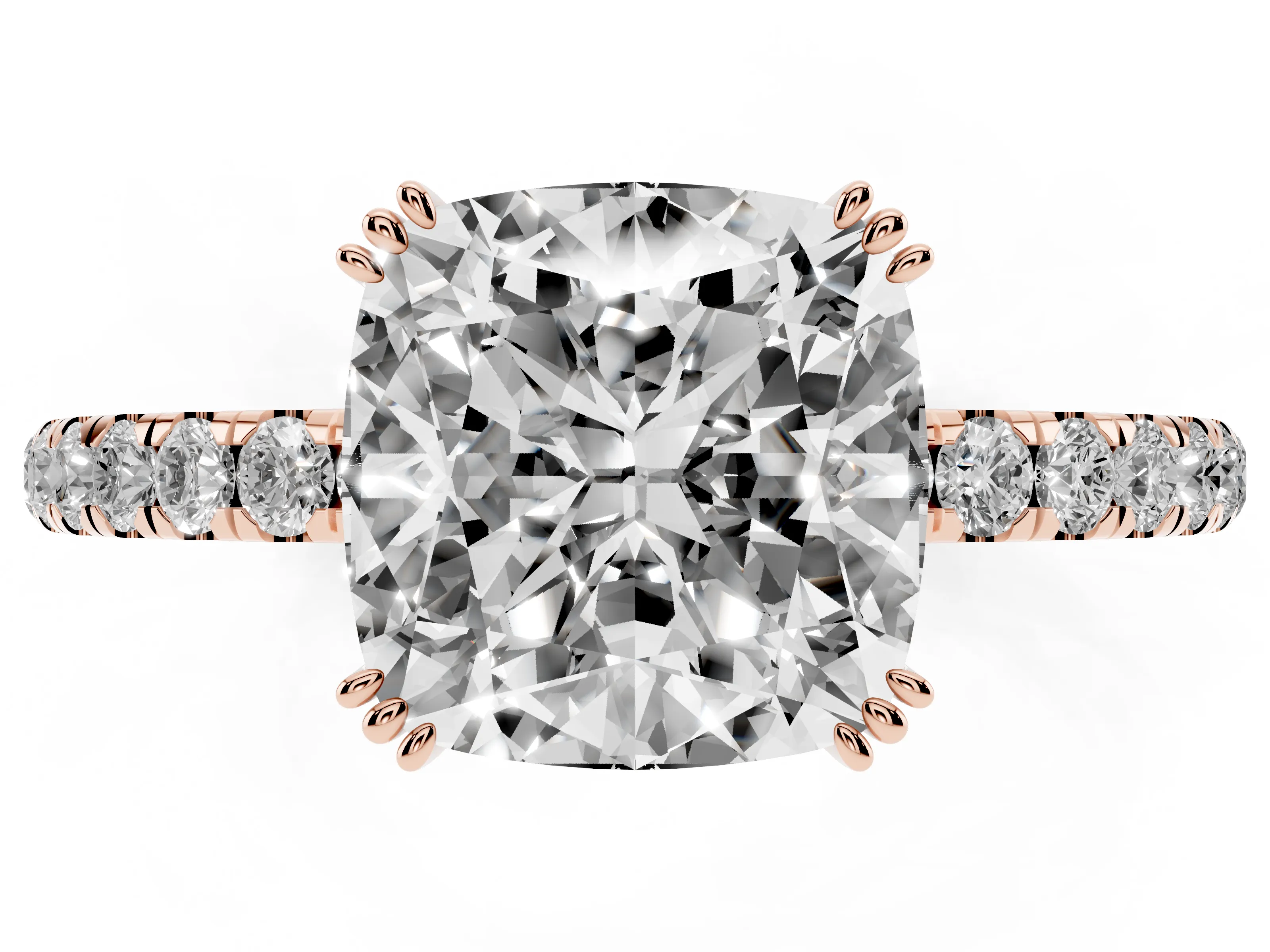 Cushion Cut Diamond Brilliant Solitaire Set in Rose gold with Pavé Band and Claw Prong Setting