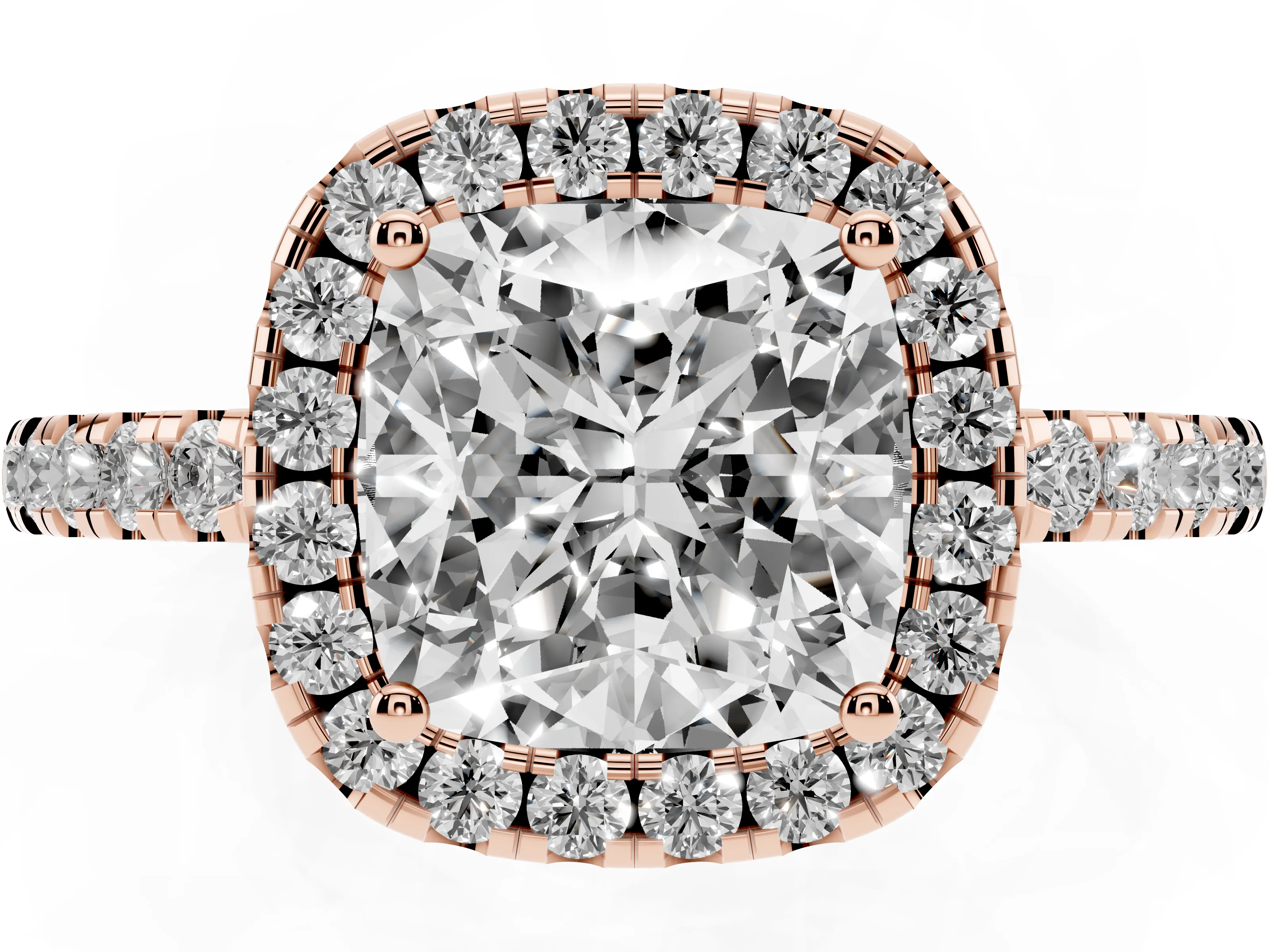 Cushion Cut Diamond Pavé Band Halo Engagement Ring Set in Rose gold with Prong Setting