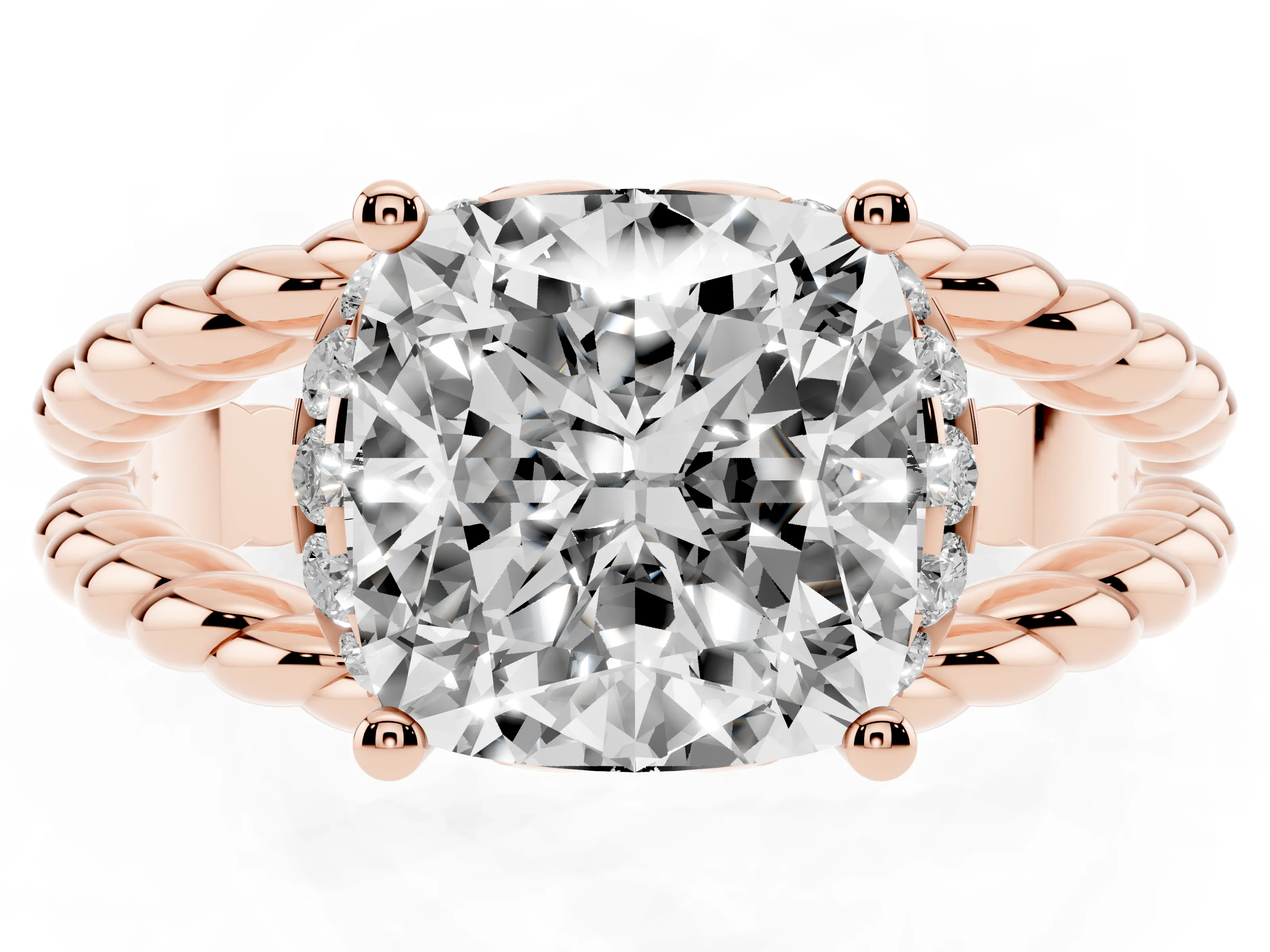 Cushion Cut Diamond Halo Ring Set in Rose gold with Twisted Band and Prong Setting