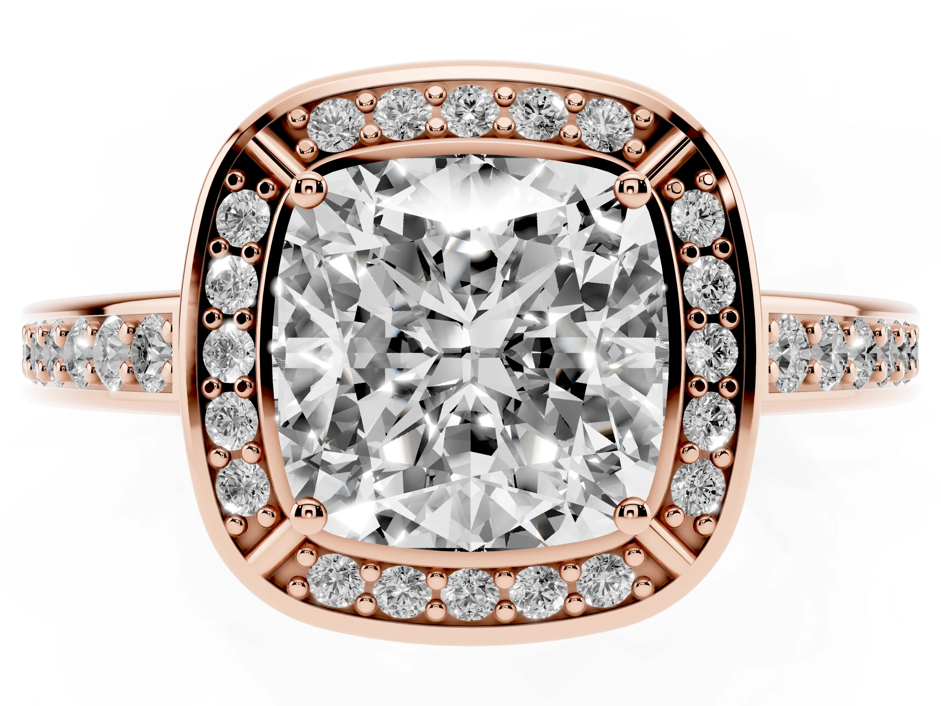 Cushion Cut Diamond Halo Pavé Split Shank Ring Set in Rose gold with Prong Setting