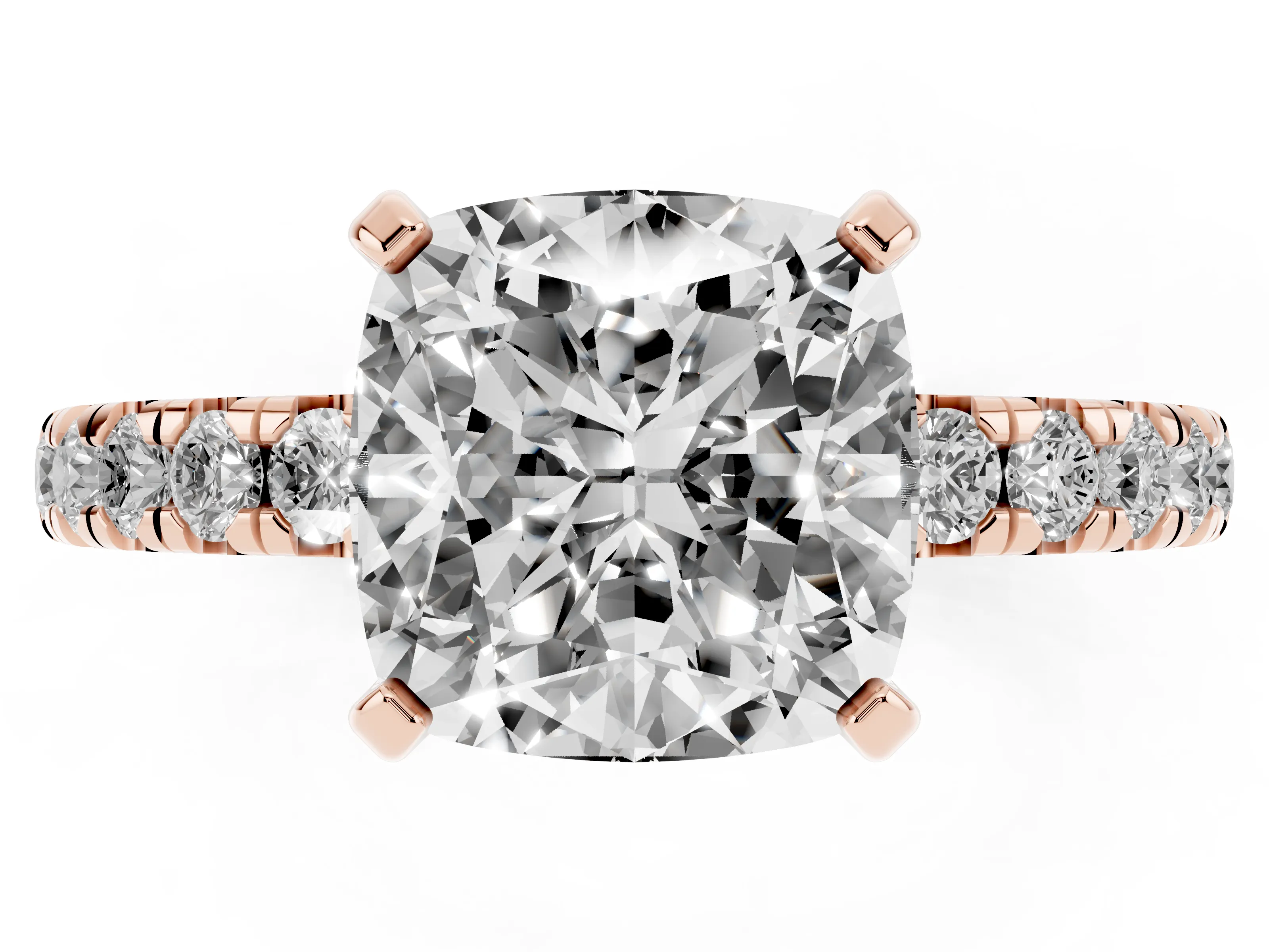 Cushion Cut Diamond Pavé Solitaire Ring Set in Rose gold with Round Band and Prong Setting