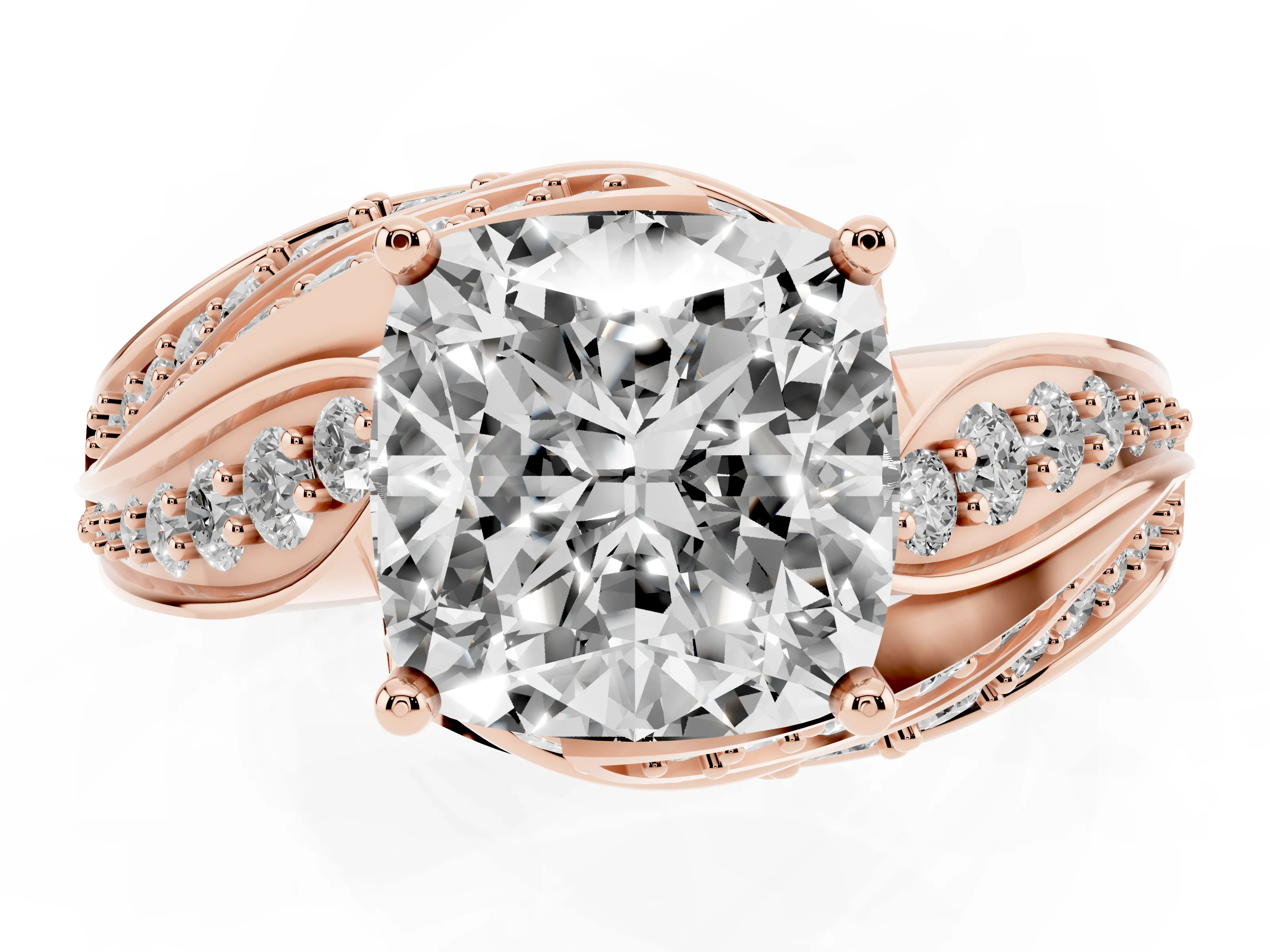 Cushion Cut Diamond Solitaire Ring Set in Rose gold with Layered Twist Pavé Band