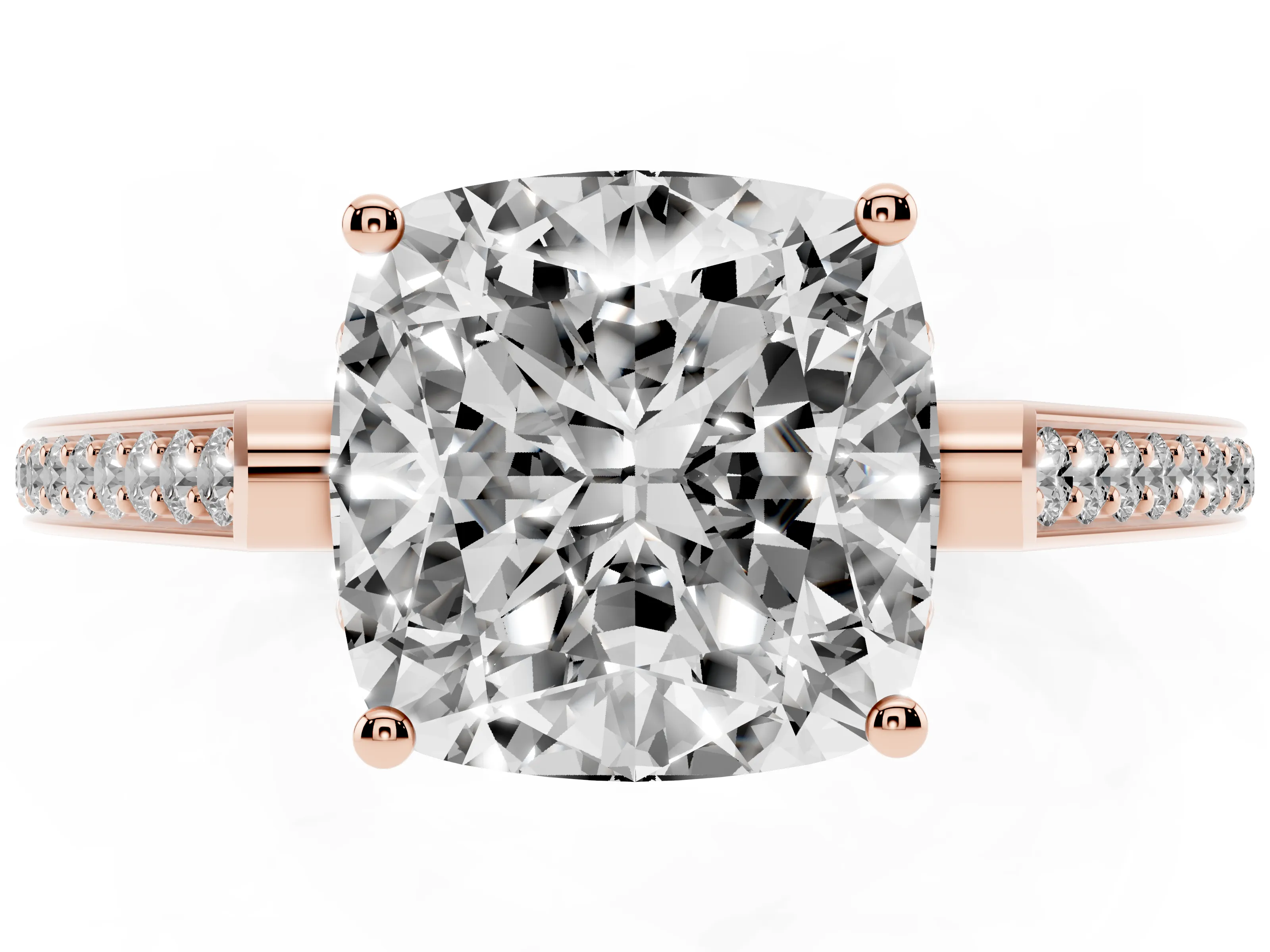 Cushion Cut Diamond Cathedral Pavé Engagement Ring Set in Rose gold with Prong Setting