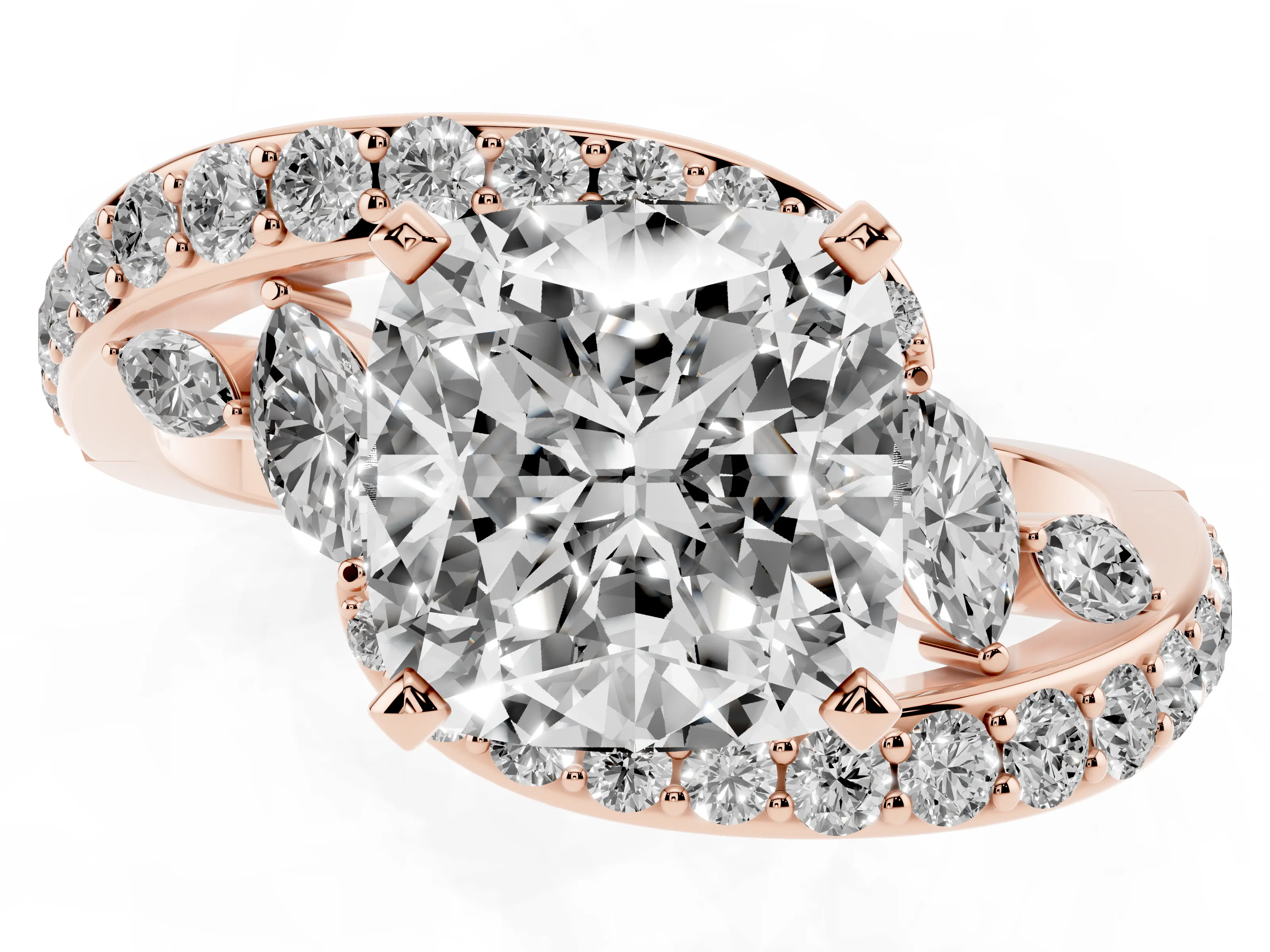 Cushion Cut Diamond Solitaire Ring Set in Rose gold with Filigree Band and Prong Setting