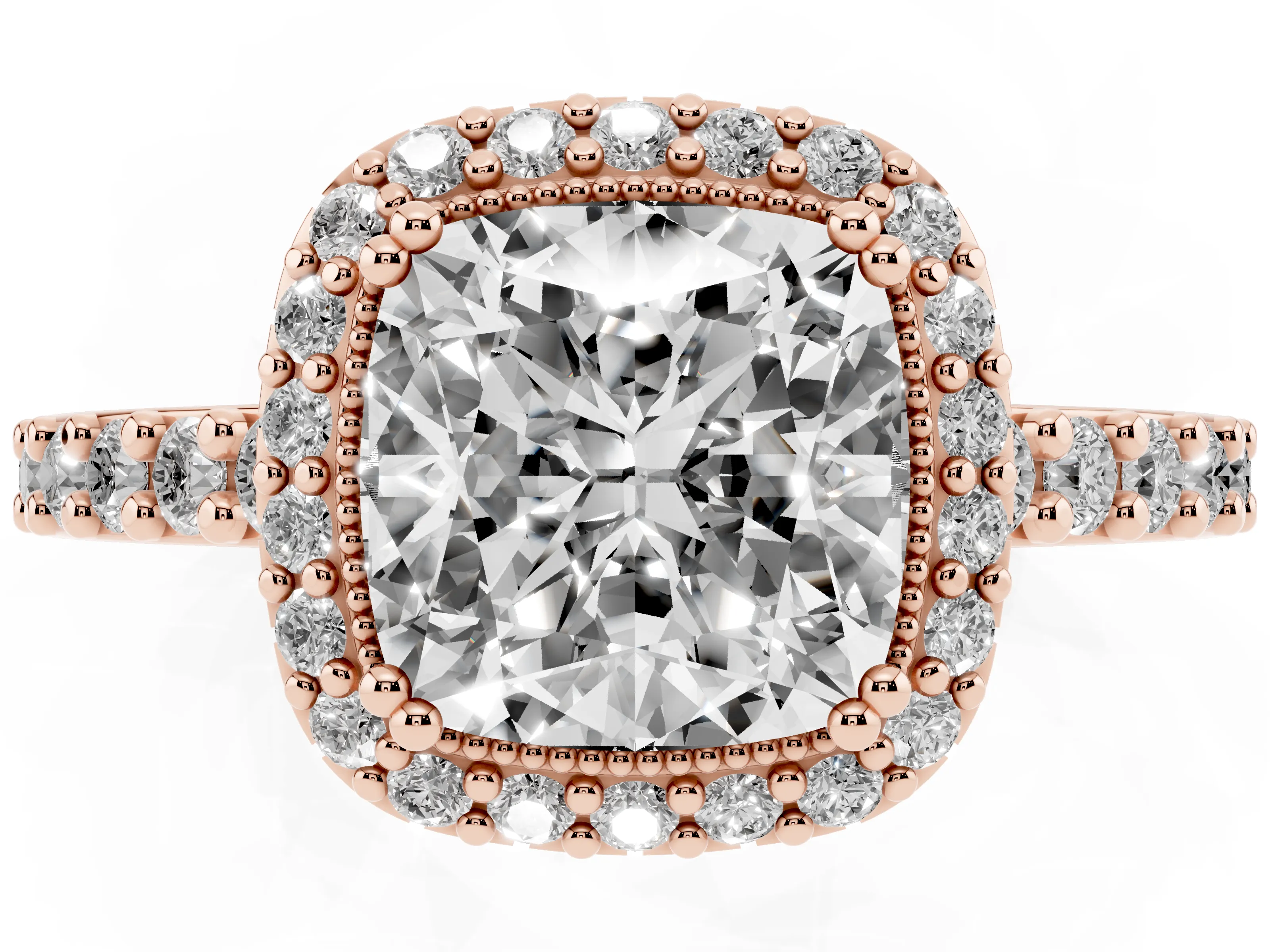 Cushion Cut Diamond Halo Engagement Ring Set in Rose gold with Milgrain Detail and Pavé Band